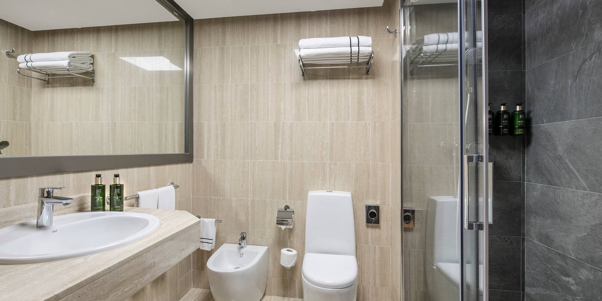 a bathroom with a shower and toilet