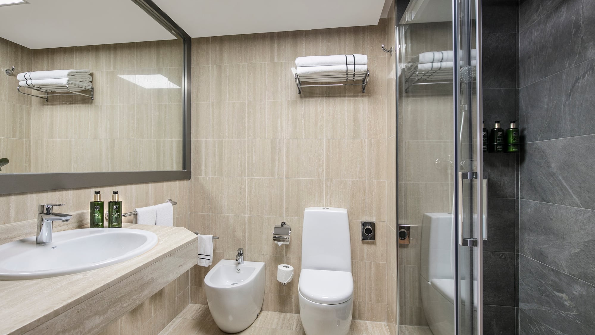 a bathroom with a shower and toilet