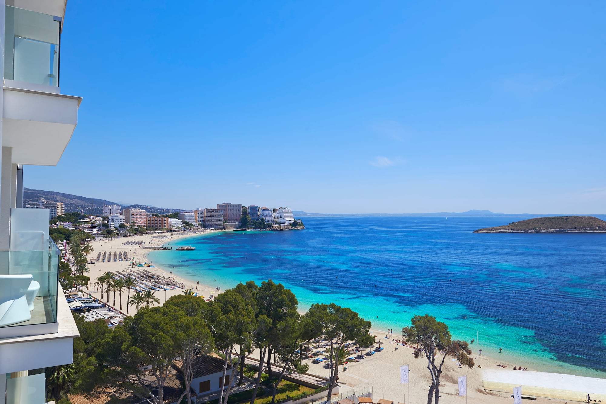 a beach with trees and buildings