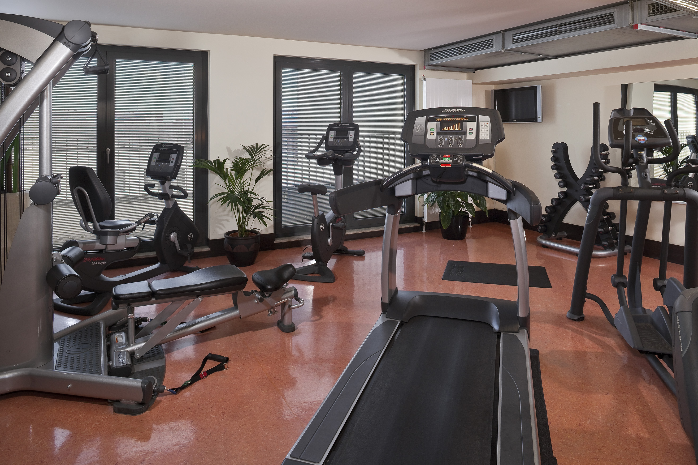 Fitness center with treadmill, exercise bikes, weights, and workout machines.