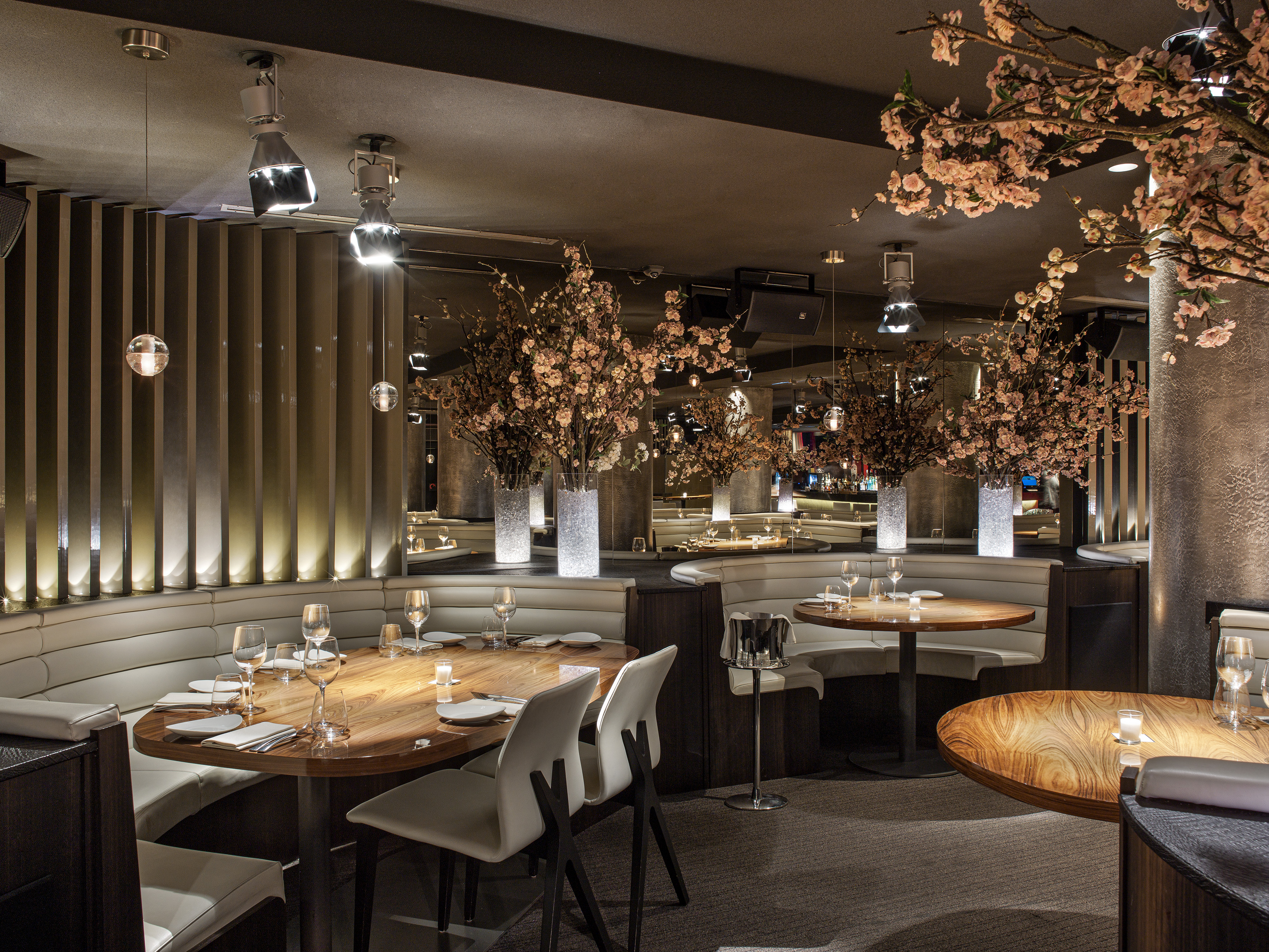 Elegant restaurant interior with modern lighting, wood tables, and cherry blossom decor.