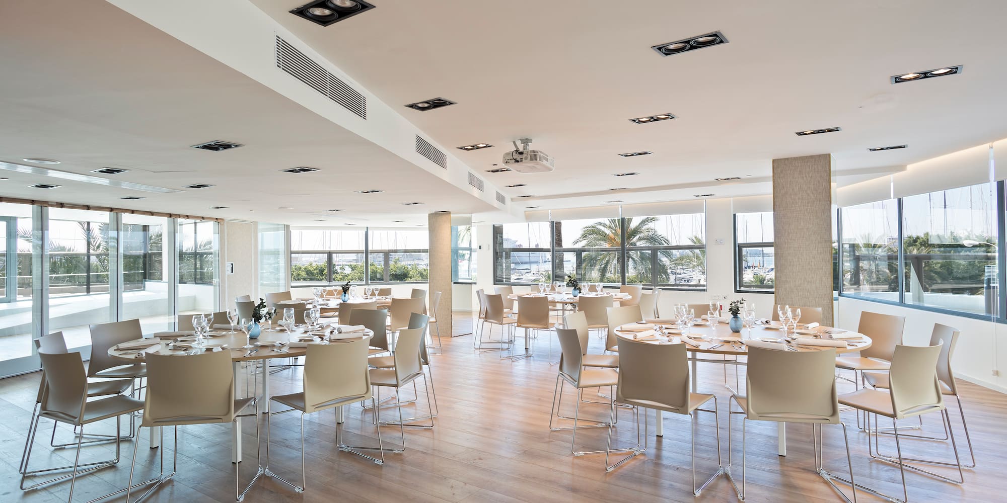 a room with tables and chairs