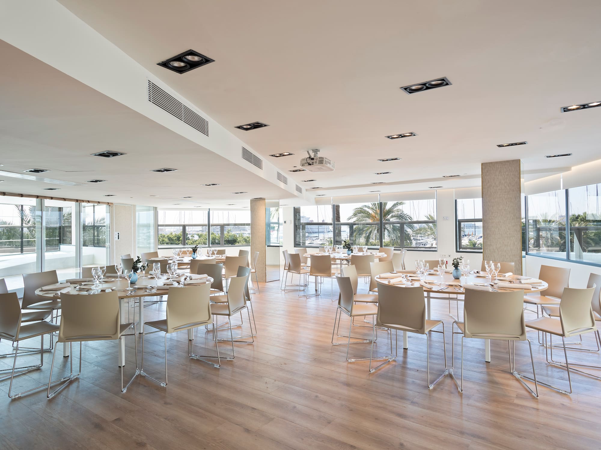 a room with tables and chairs