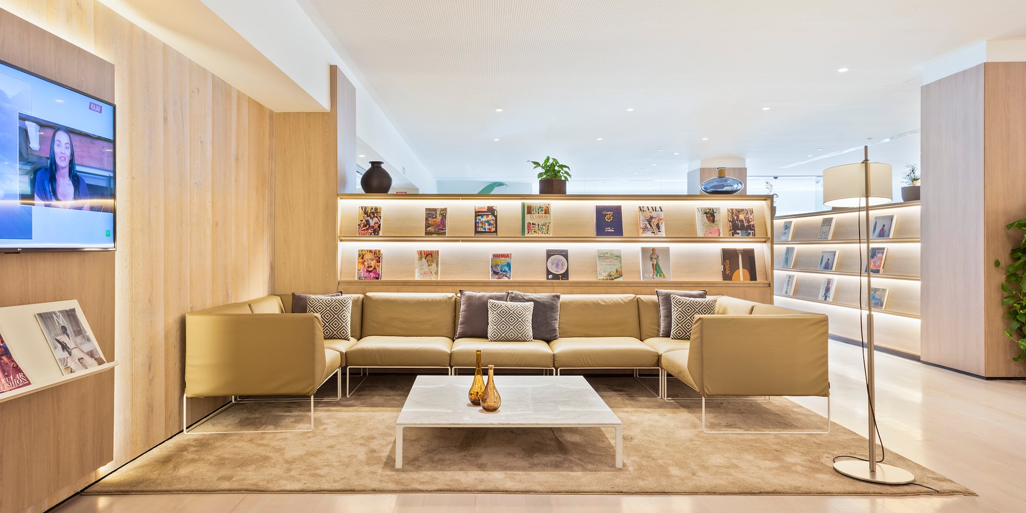 a room with a couch and a coffee table