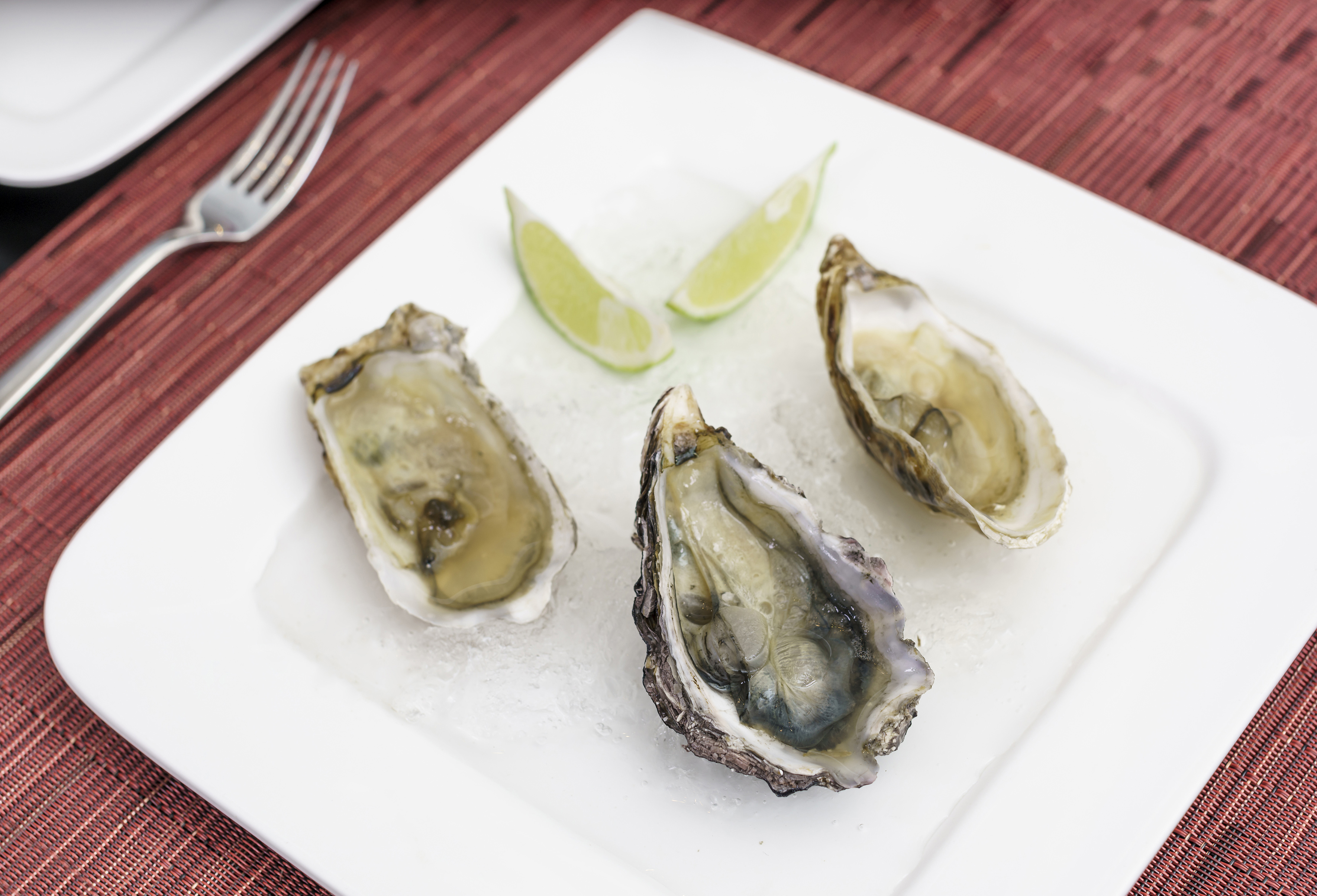 a oysters on a plate with lime wedges