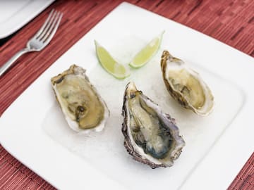 a oysters on a plate with lime wedges