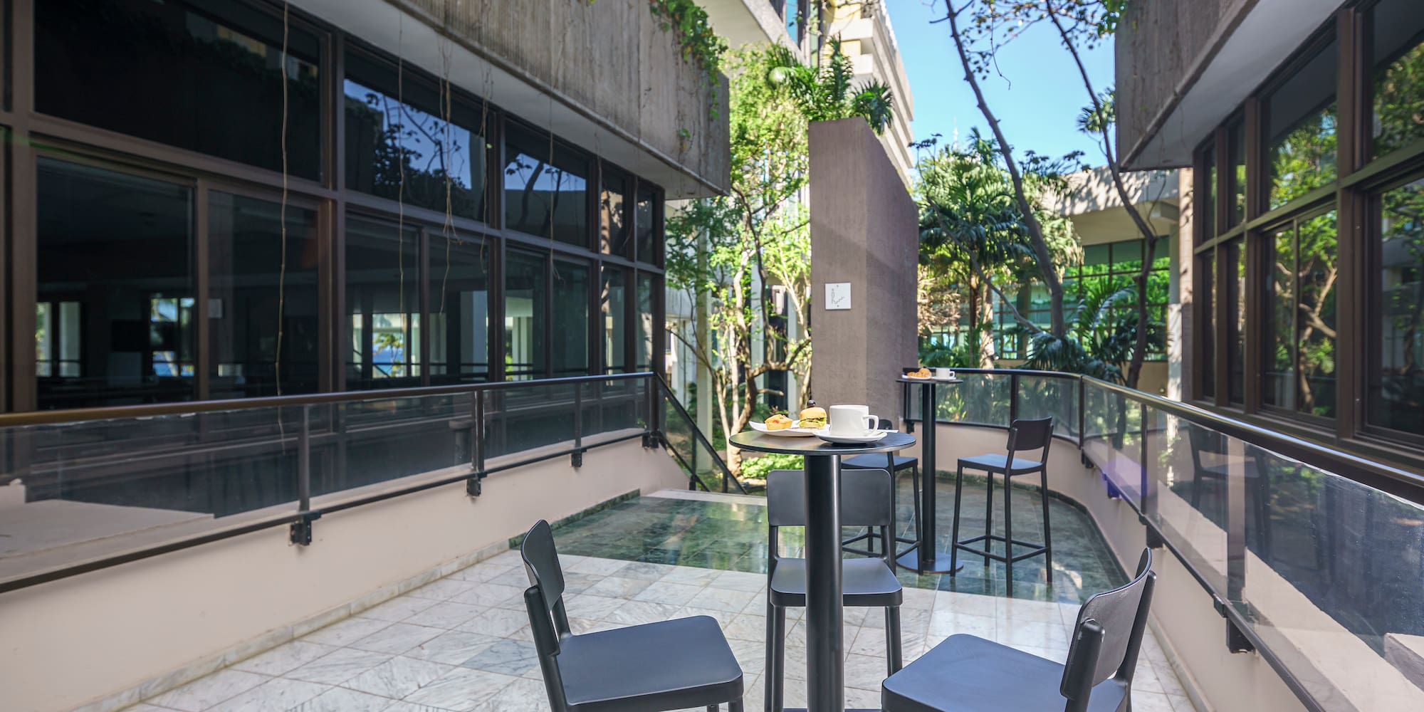 a table and chairs on a patio