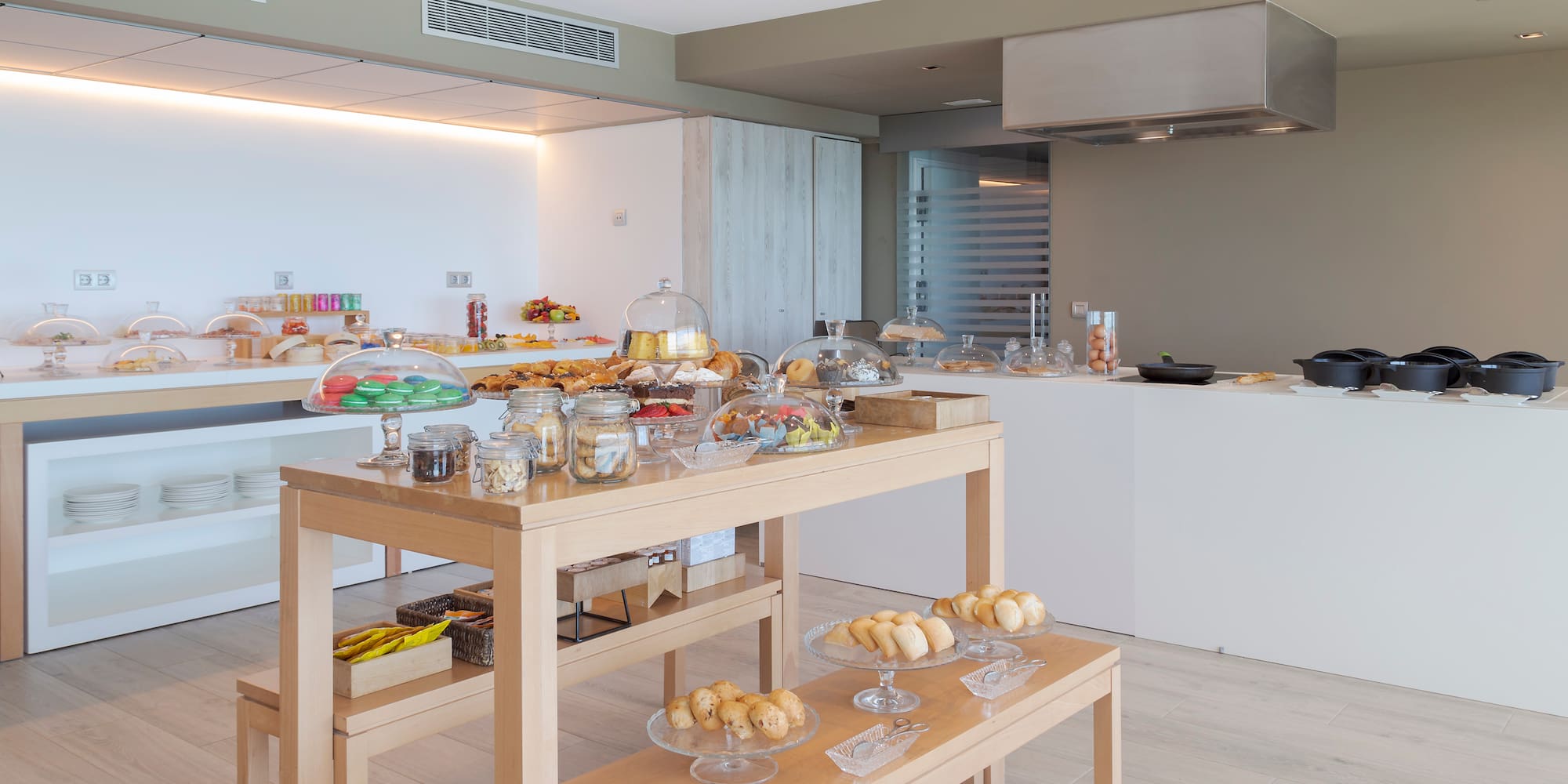 a kitchen with food on a table