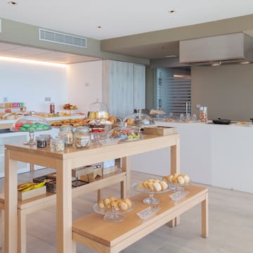 a kitchen with food on a table