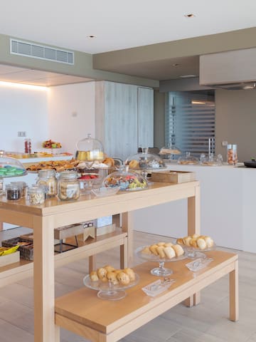 a kitchen with food on a table