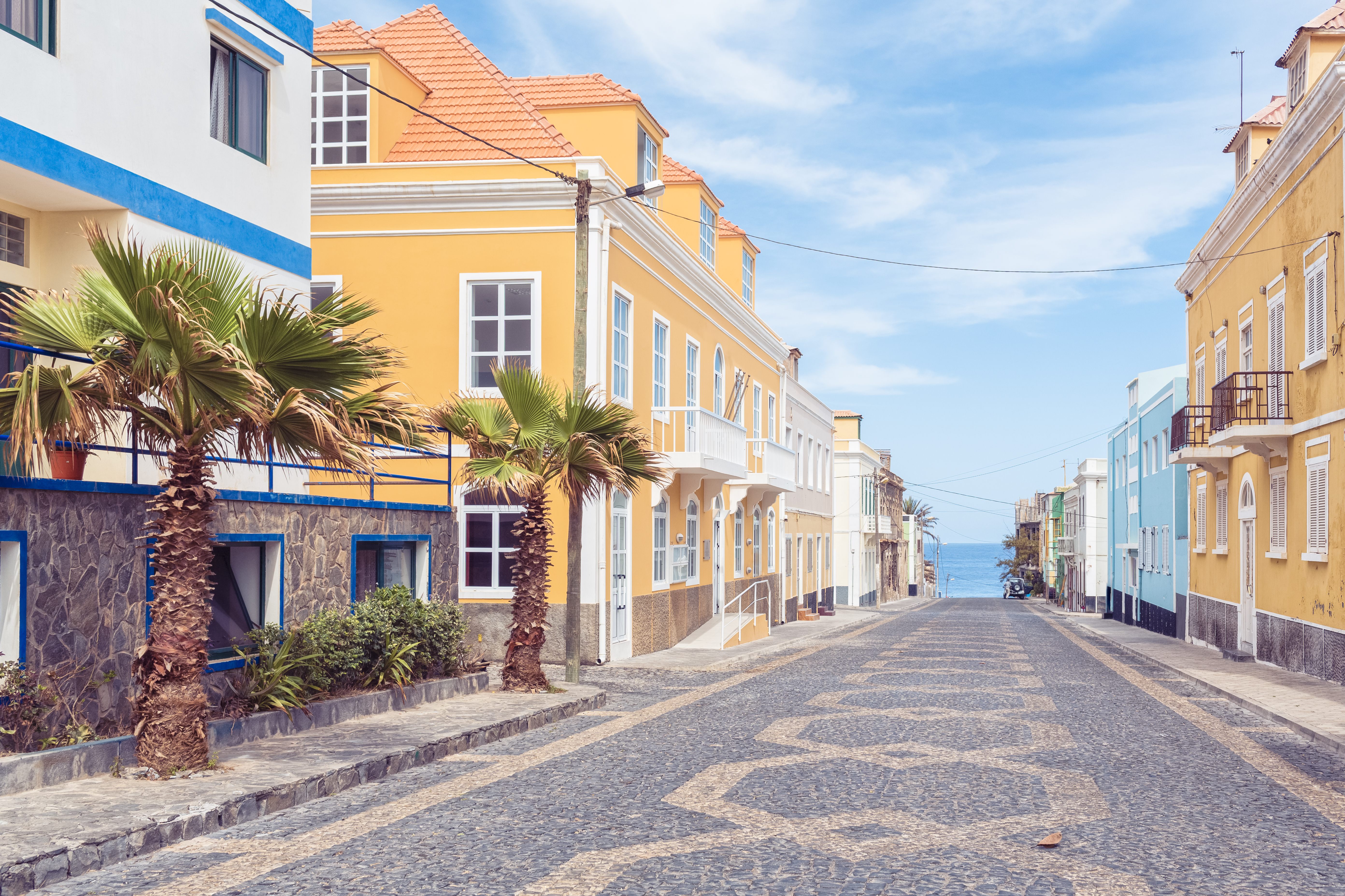 a street with buildings and palm trees