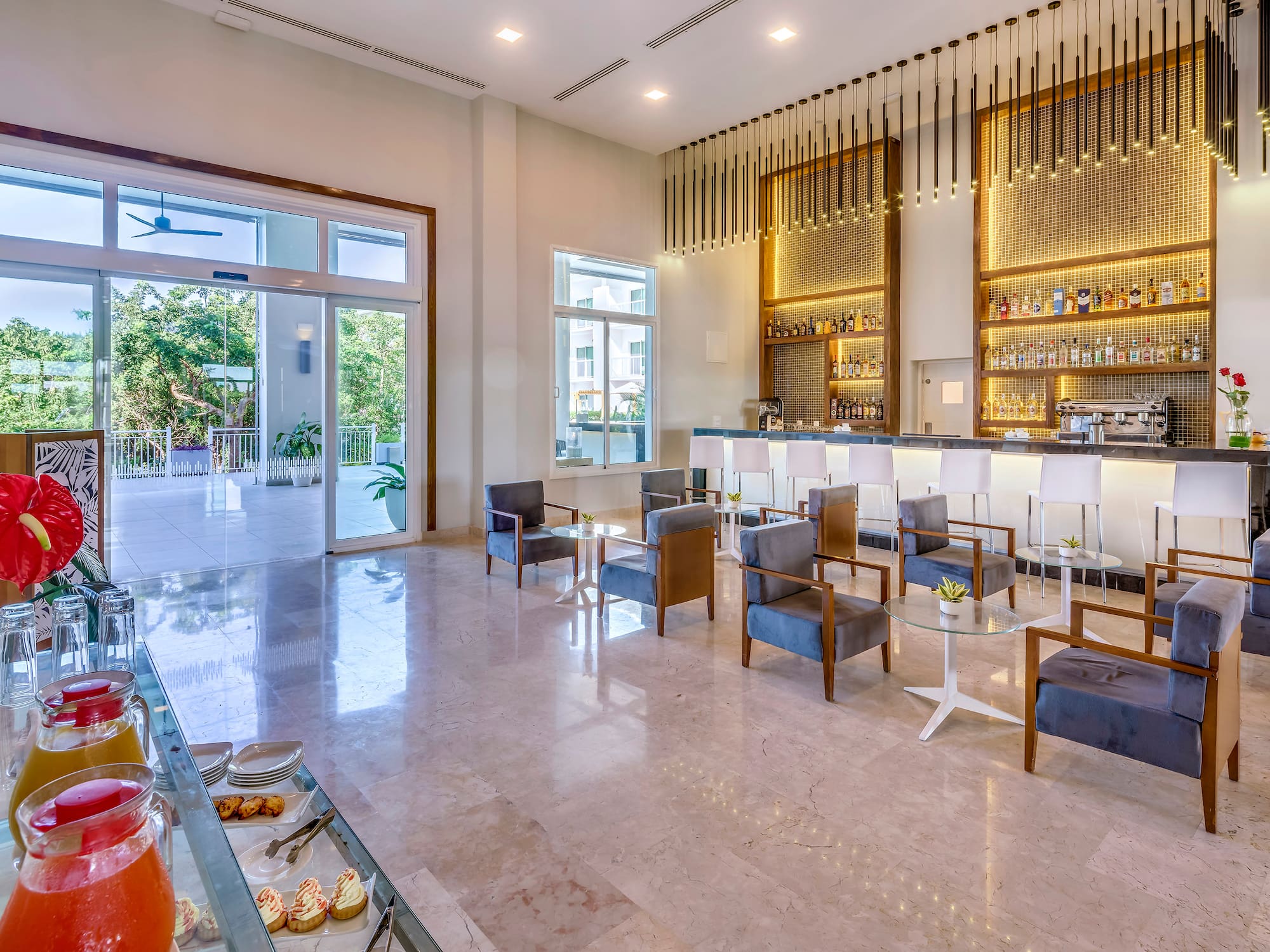 a room with tables and chairs