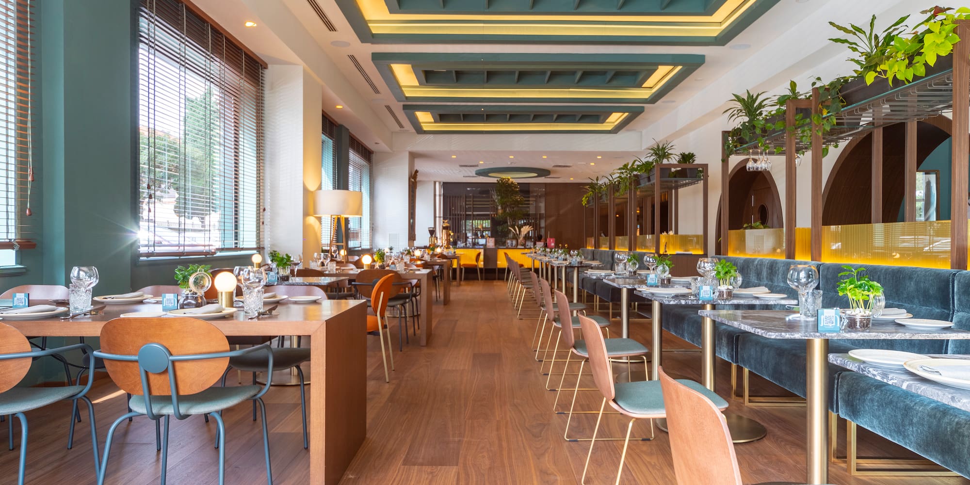 a room with tables and chairs