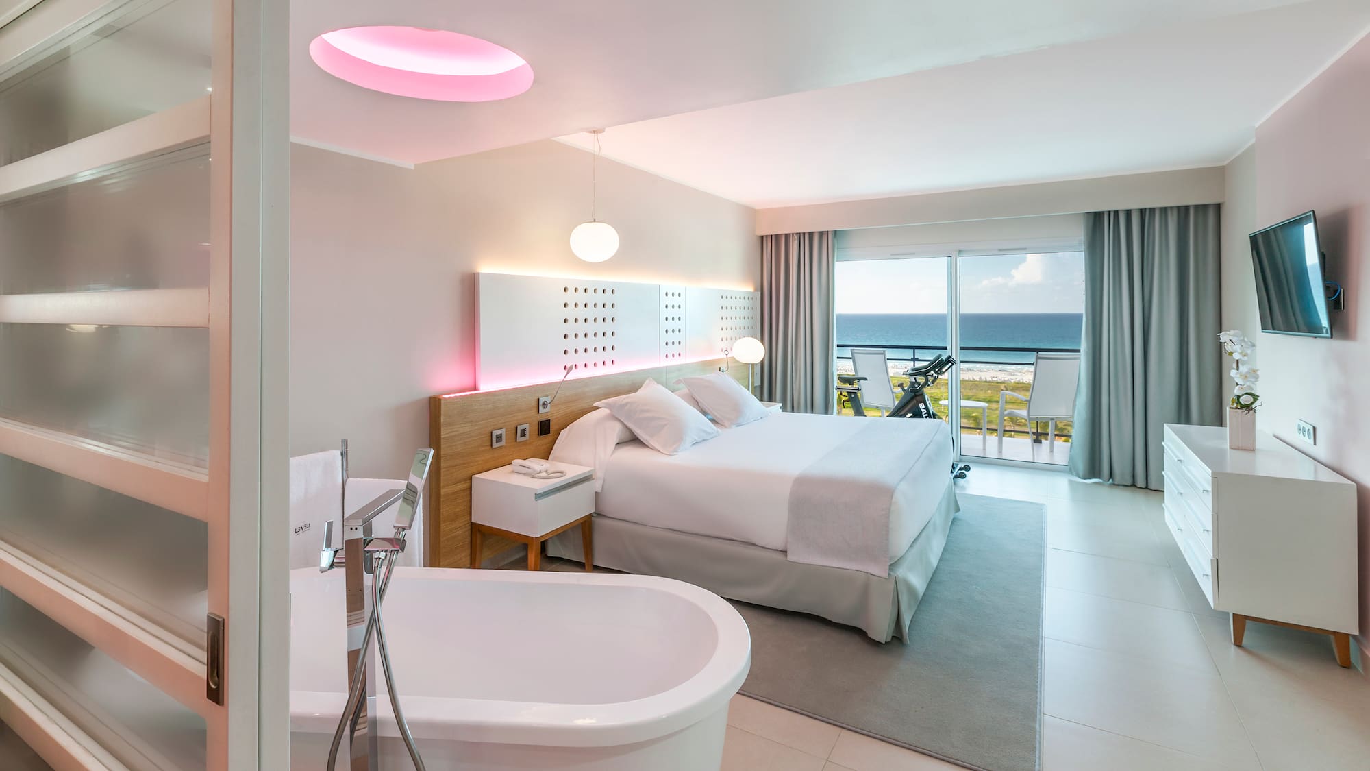 a room with a bed and bathtub