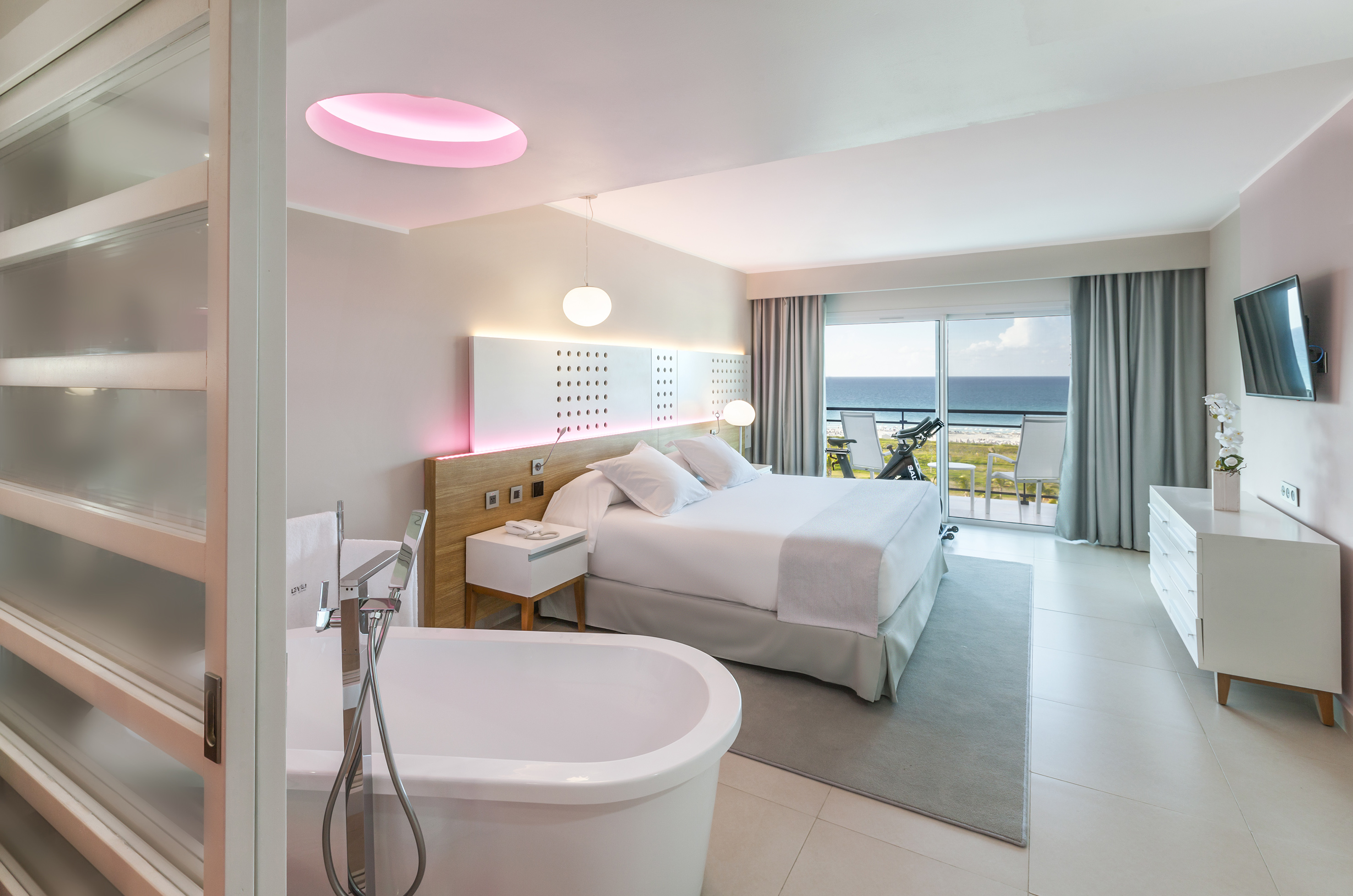 a room with a bed and bathtub