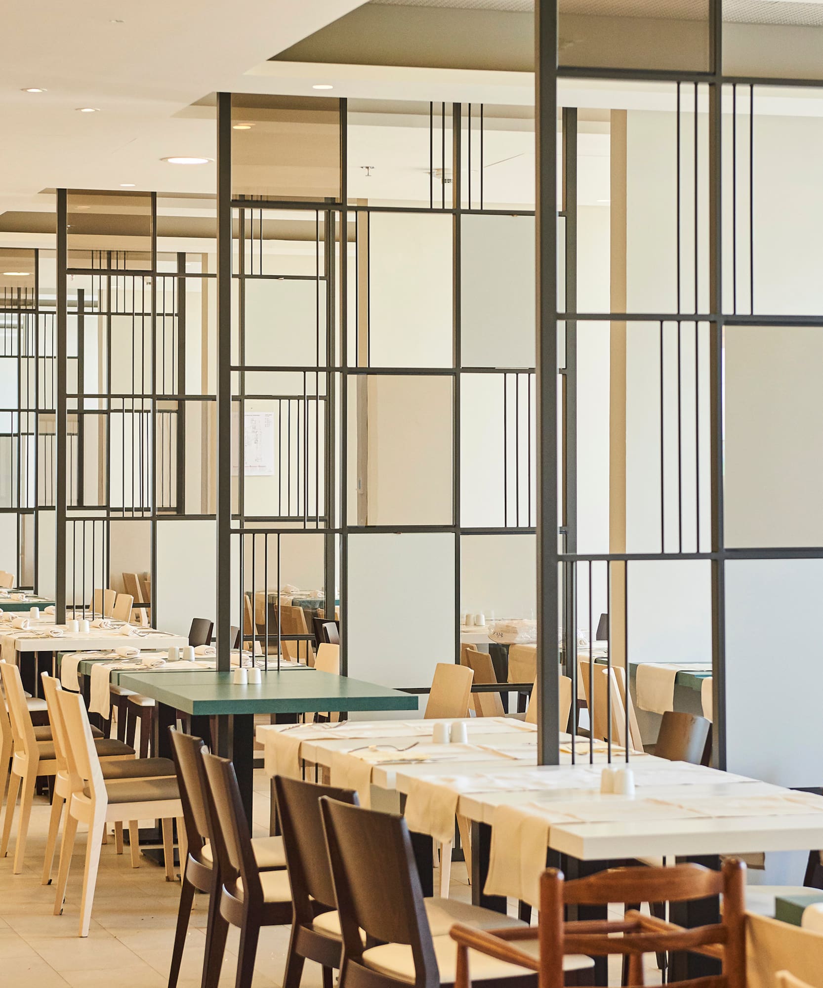 a room with tables and chairs