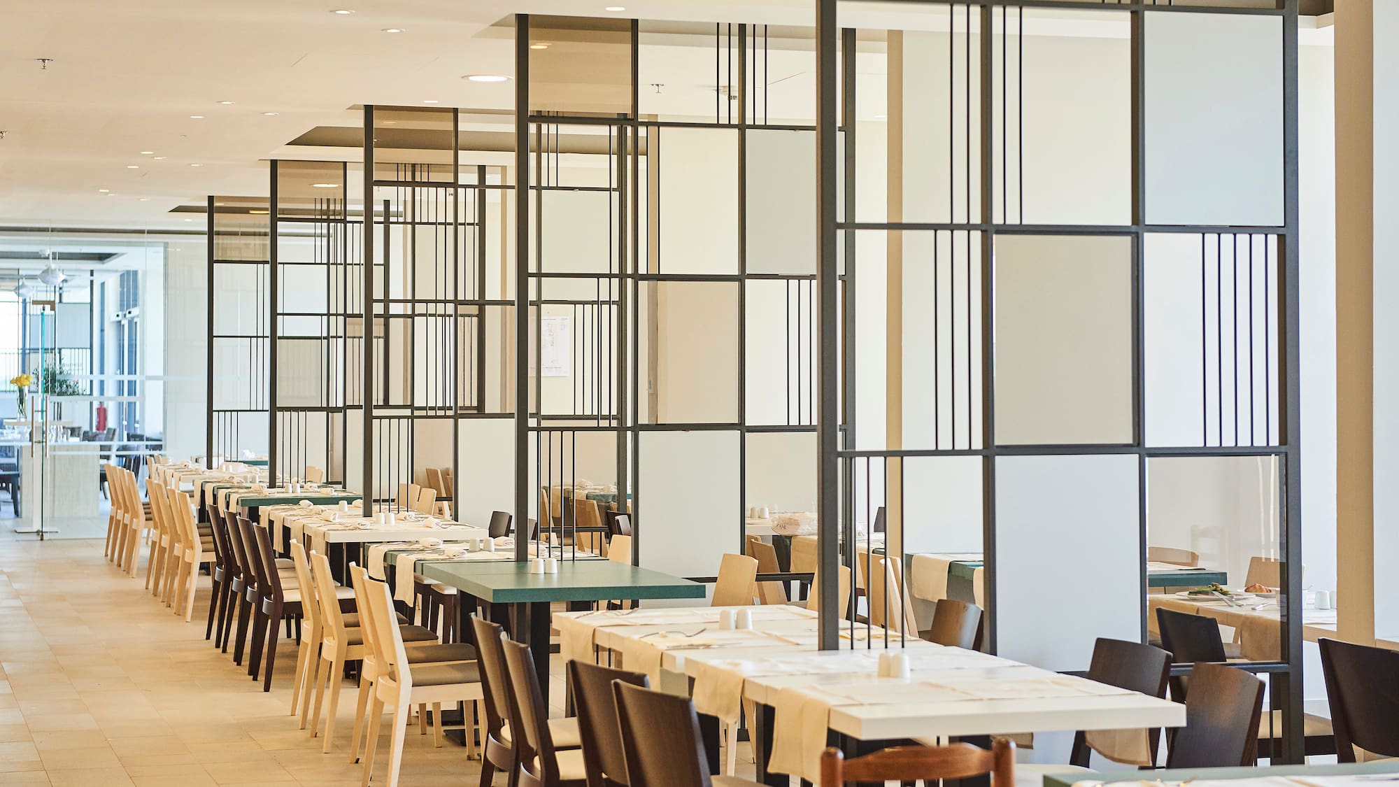 a room with tables and chairs