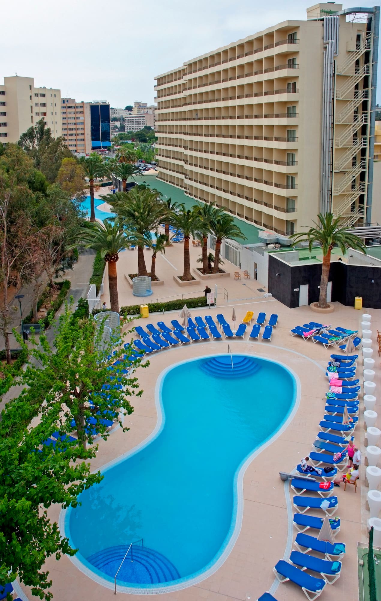 a pool with blue chairs and palm trees