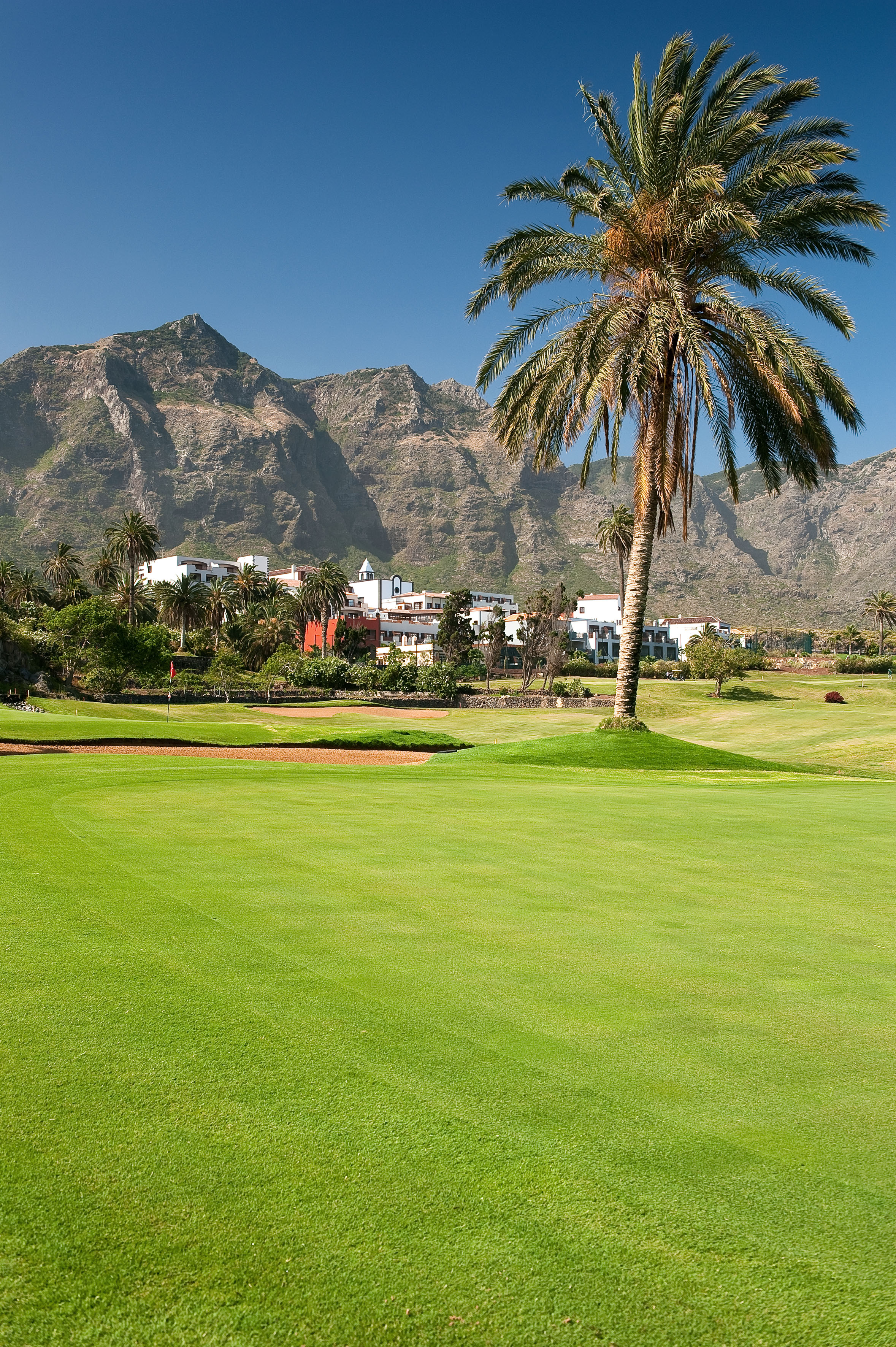 Green golf course, palm trees, resort buildings, and mountains under blue sky.
