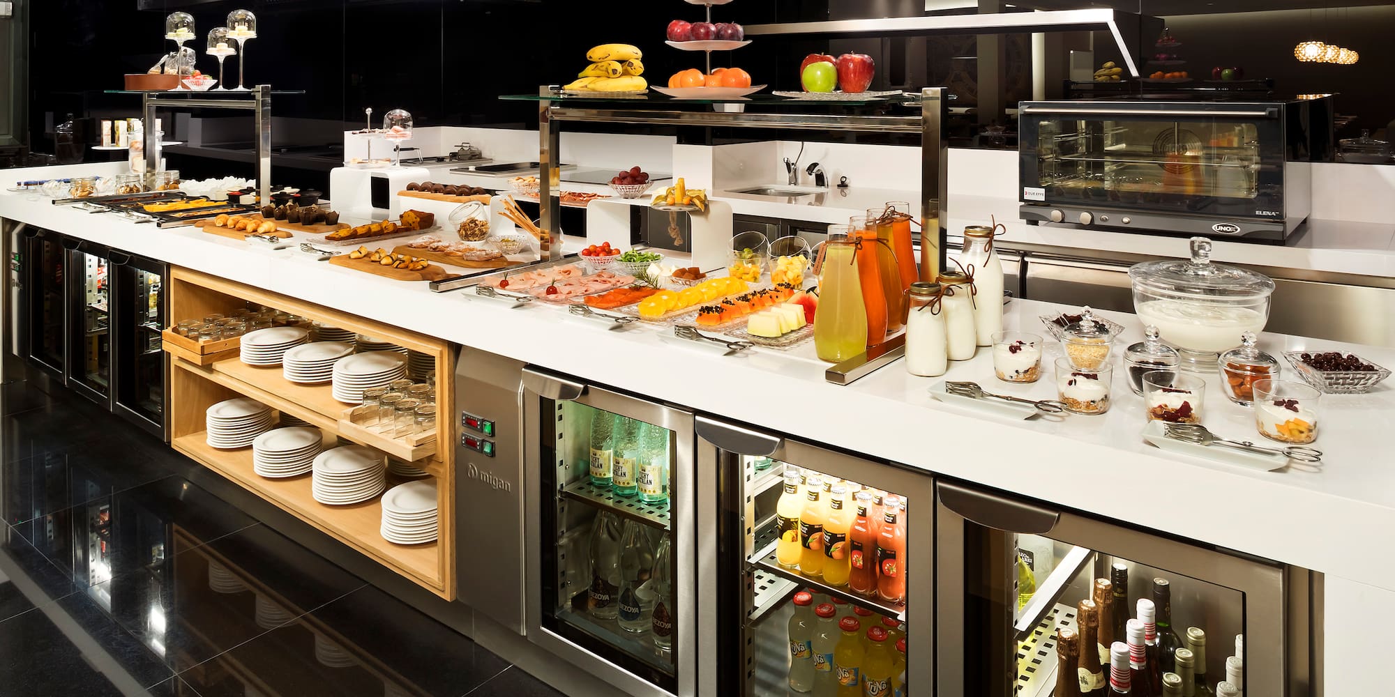 a food and drinks on a counter