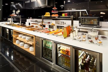 a food and drinks on a counter
