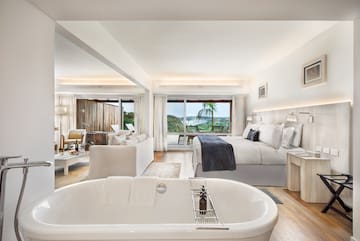 a room with a tub and a bed