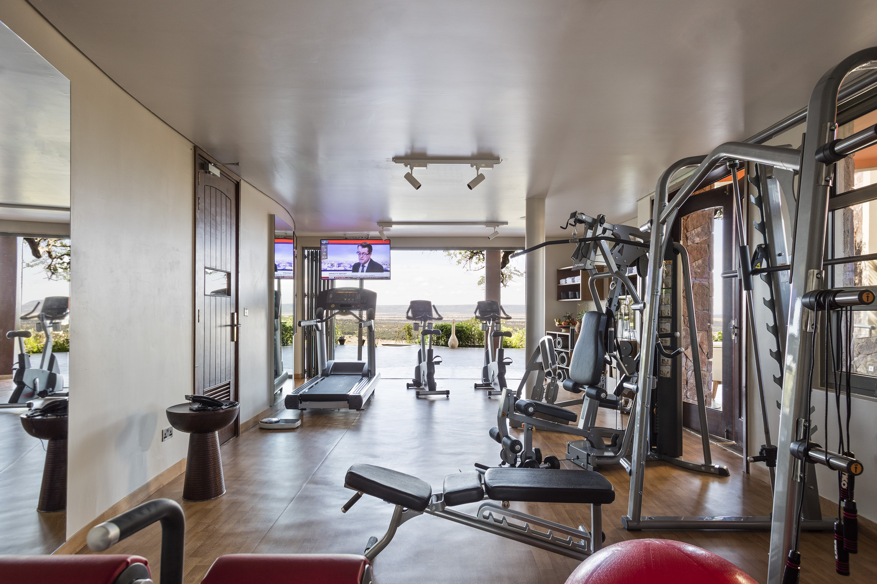 Upscale gym with treadmills, weight machines, hardwood floor, and scenic outdoor view.