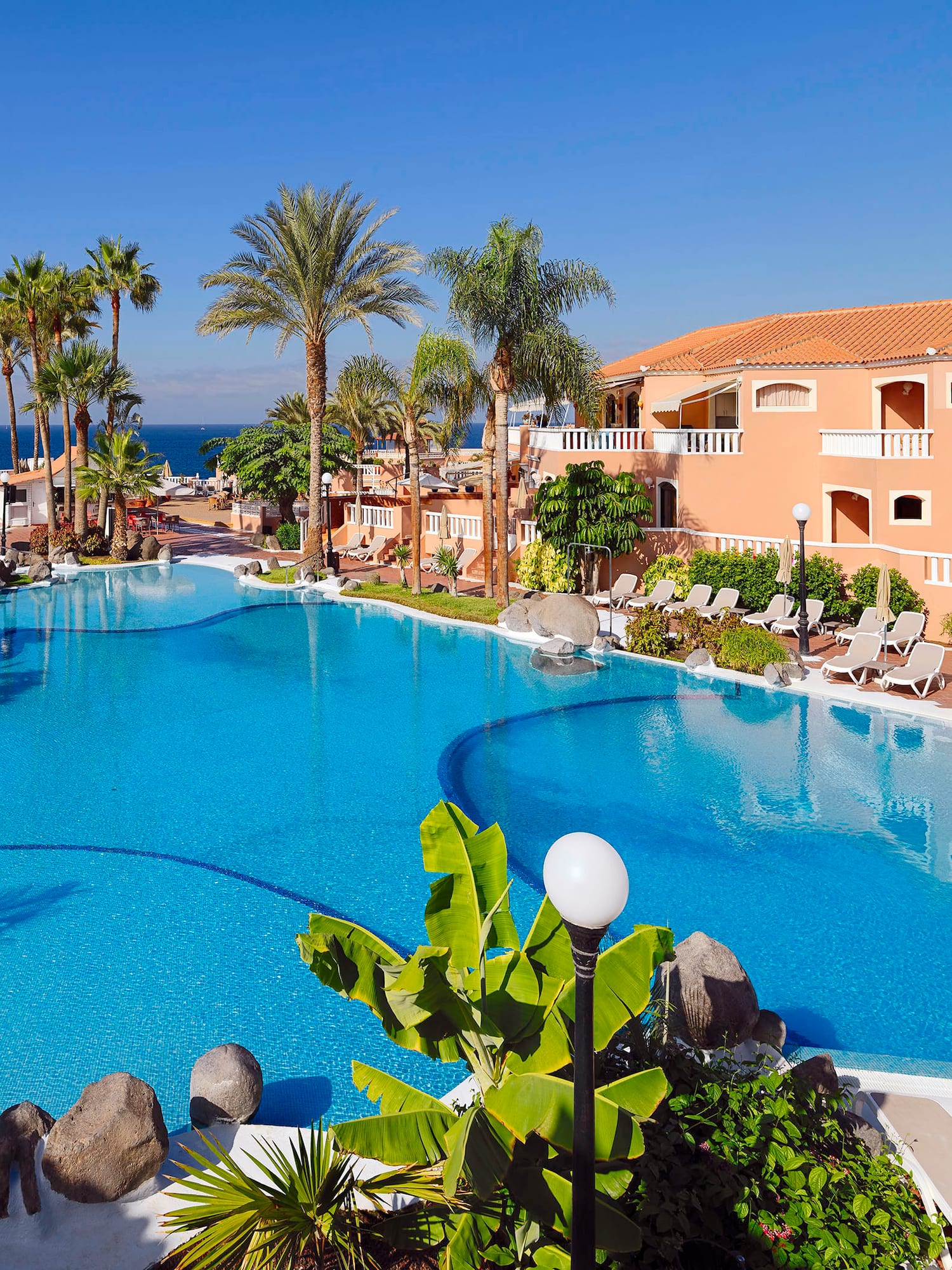 a swimming pool with palm trees and a building