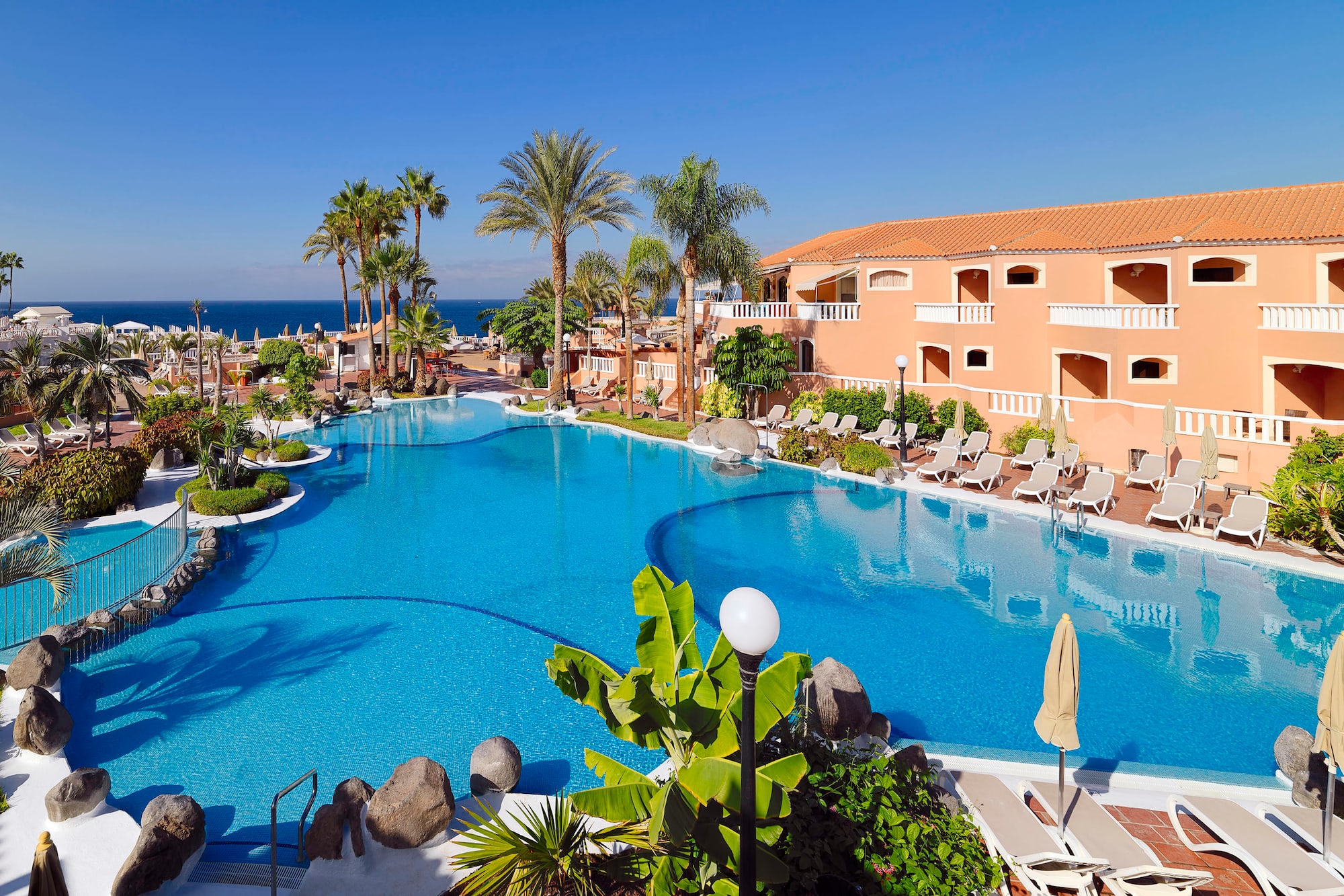 a swimming pool with palm trees and a building