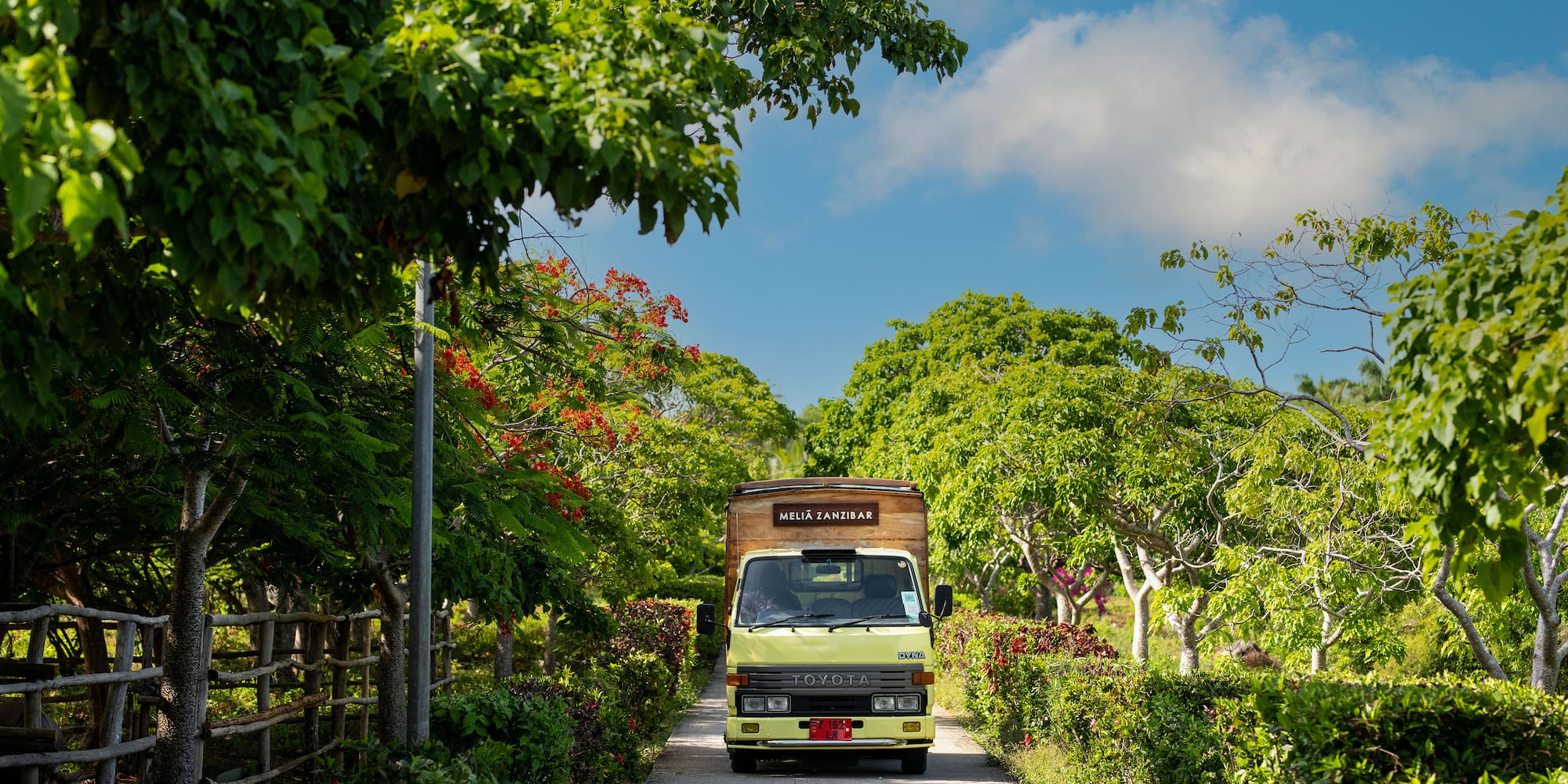 a truck driving down a road with trees and bushes