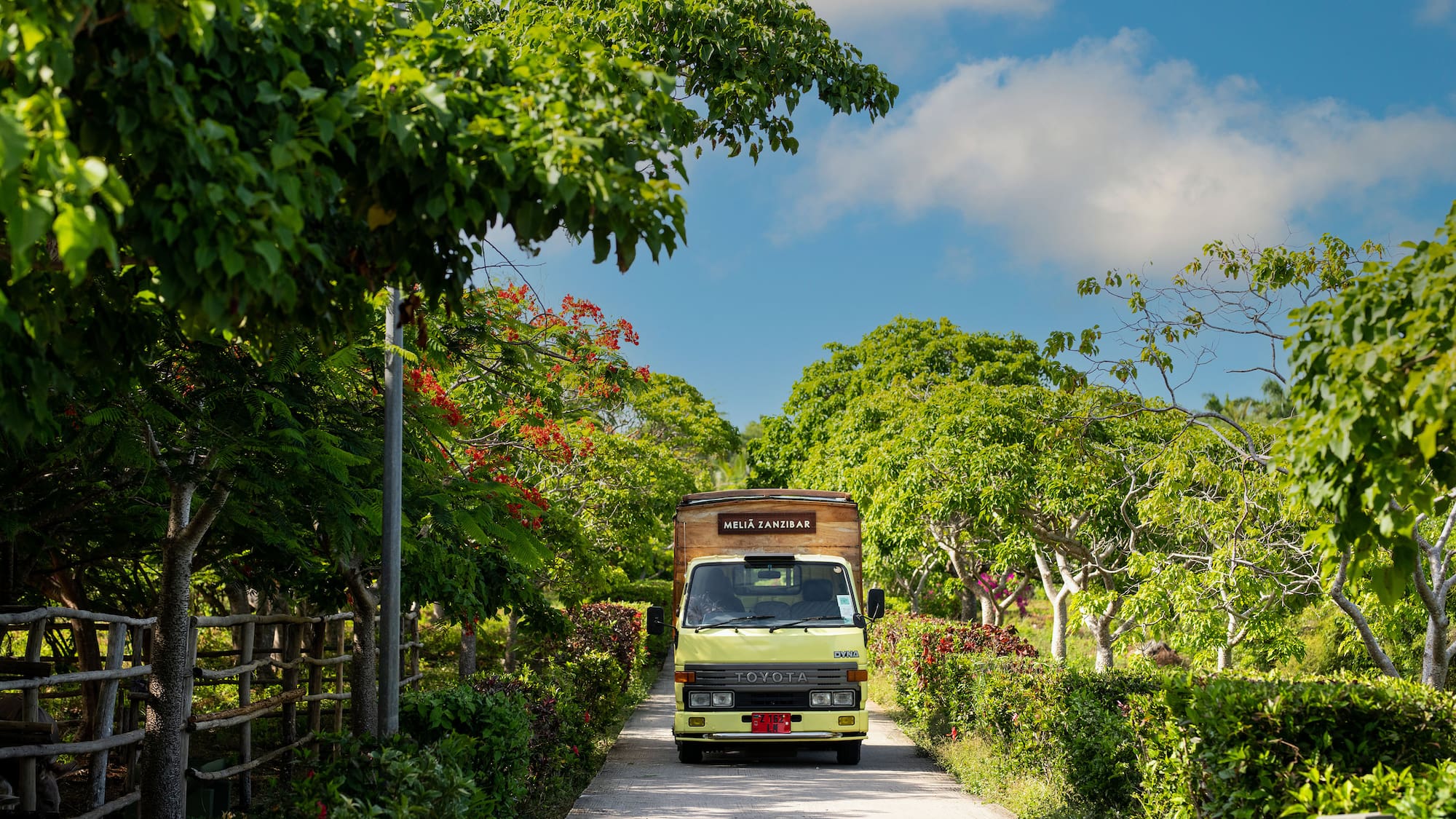 a truck driving down a road with trees and bushes