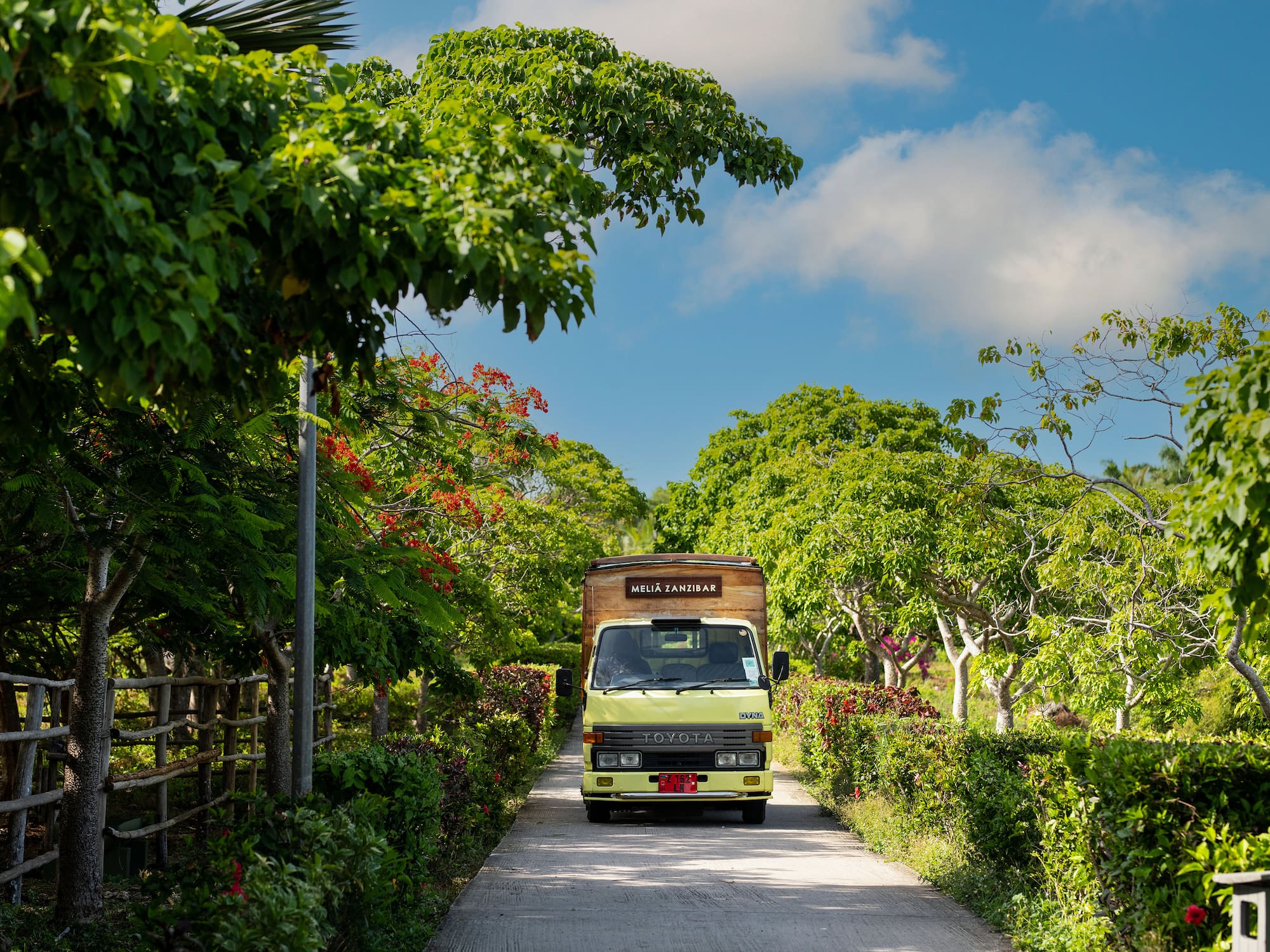 a truck driving down a road with trees and bushes