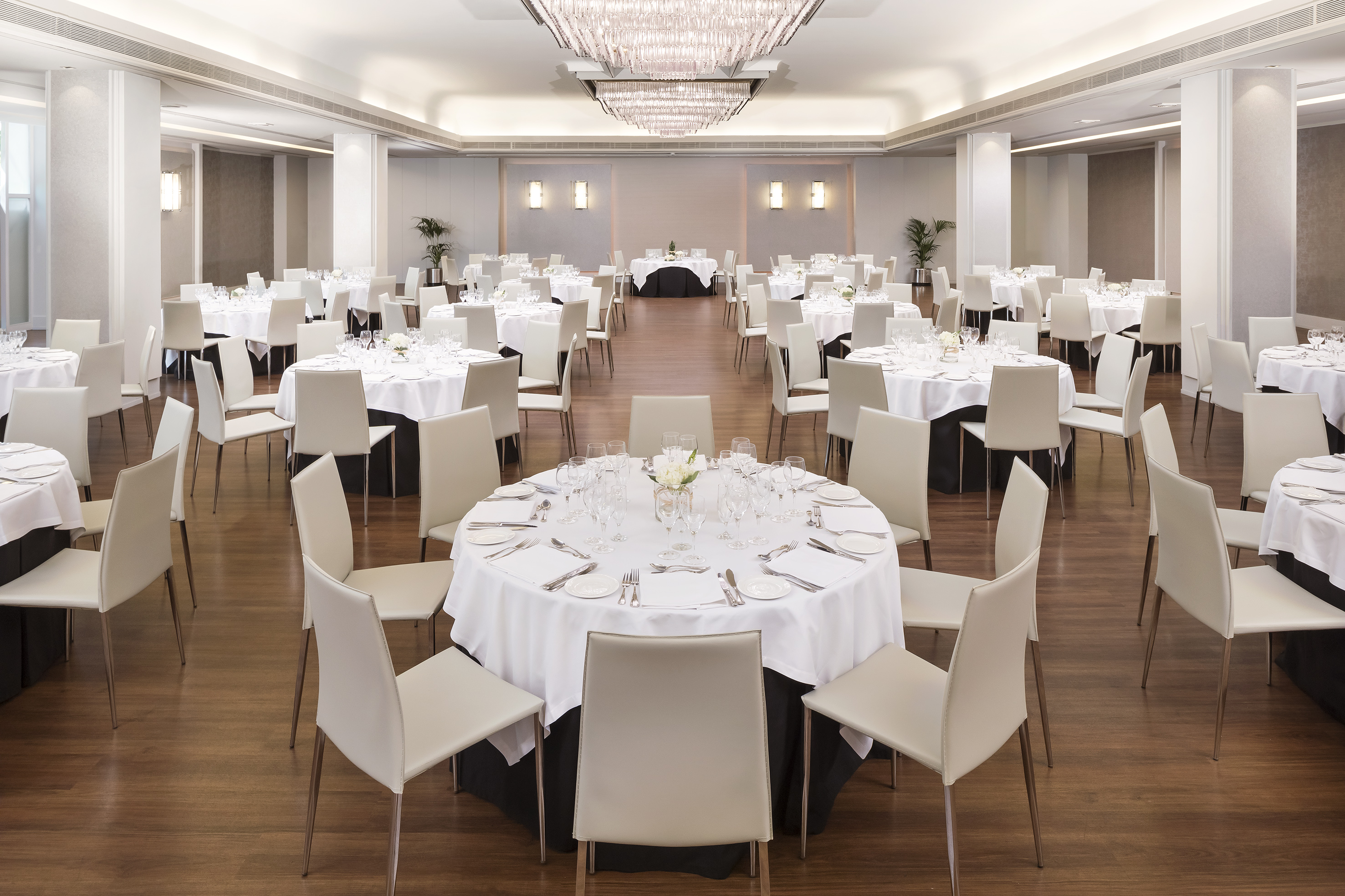Elegant banquet hall with round dining tables, white chairs, and chandeliers.
