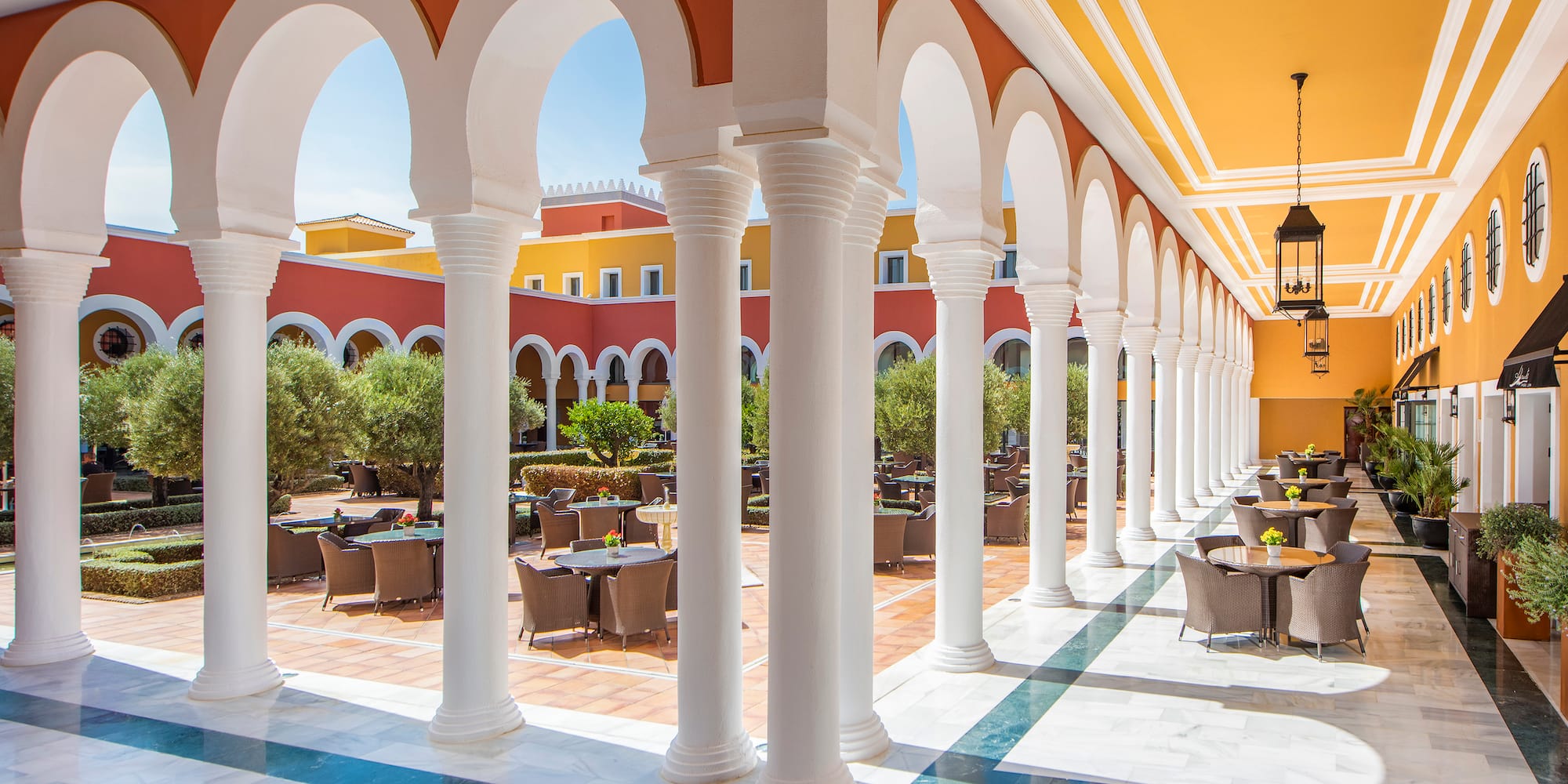 a building with many tables and chairs
