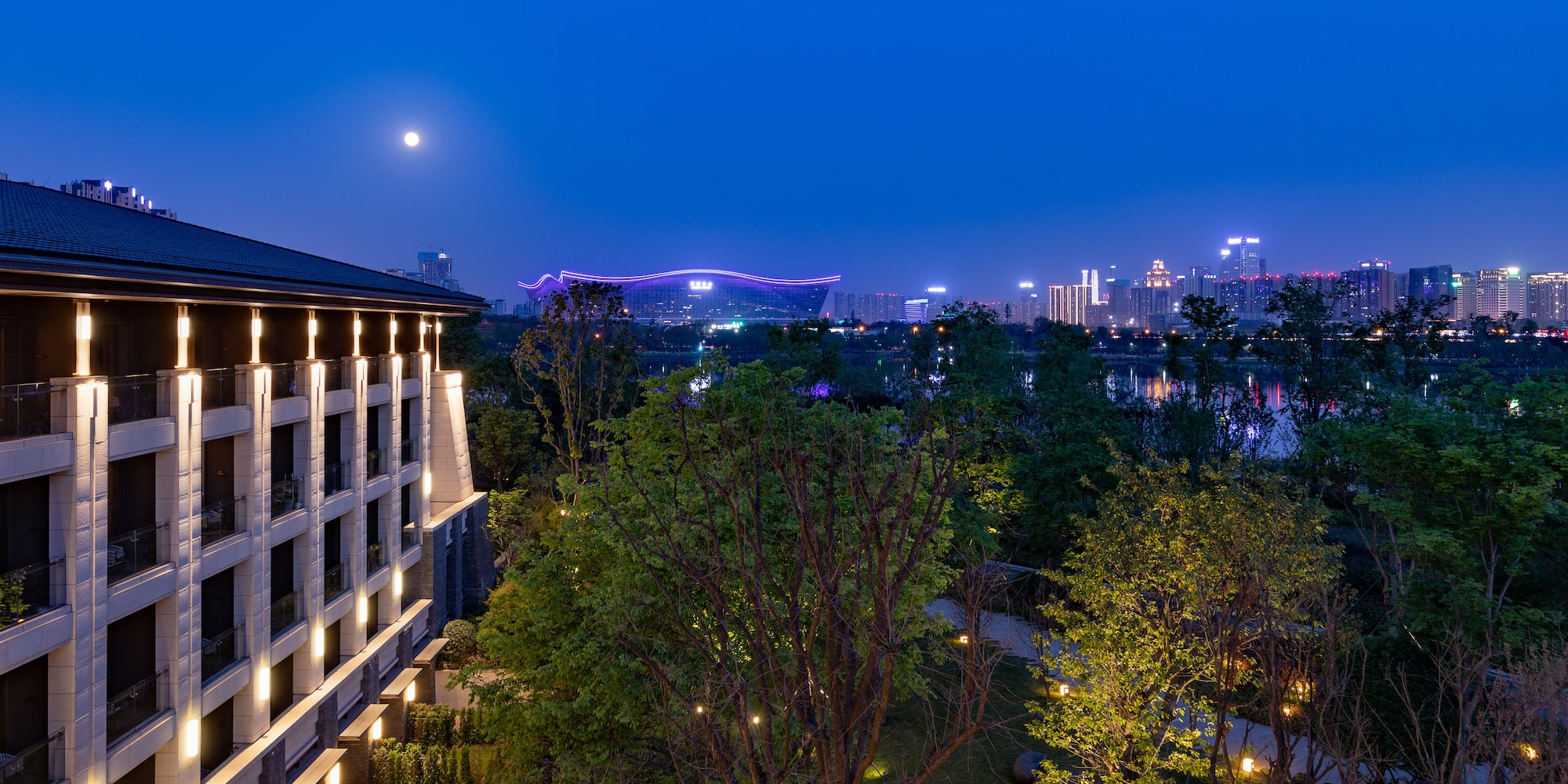 a building with lights on the side of it