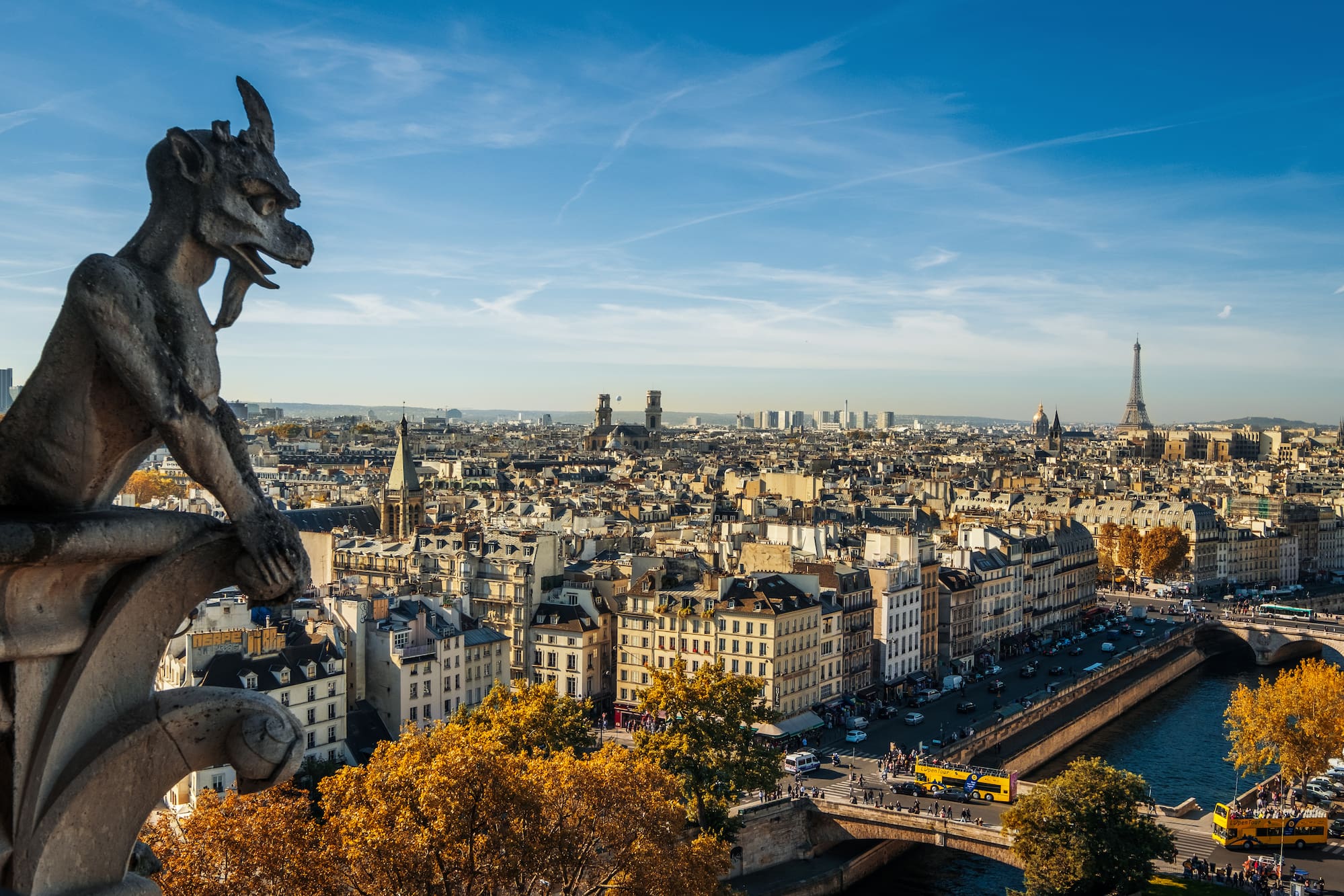 a statue of a gargoyle on a city skyline