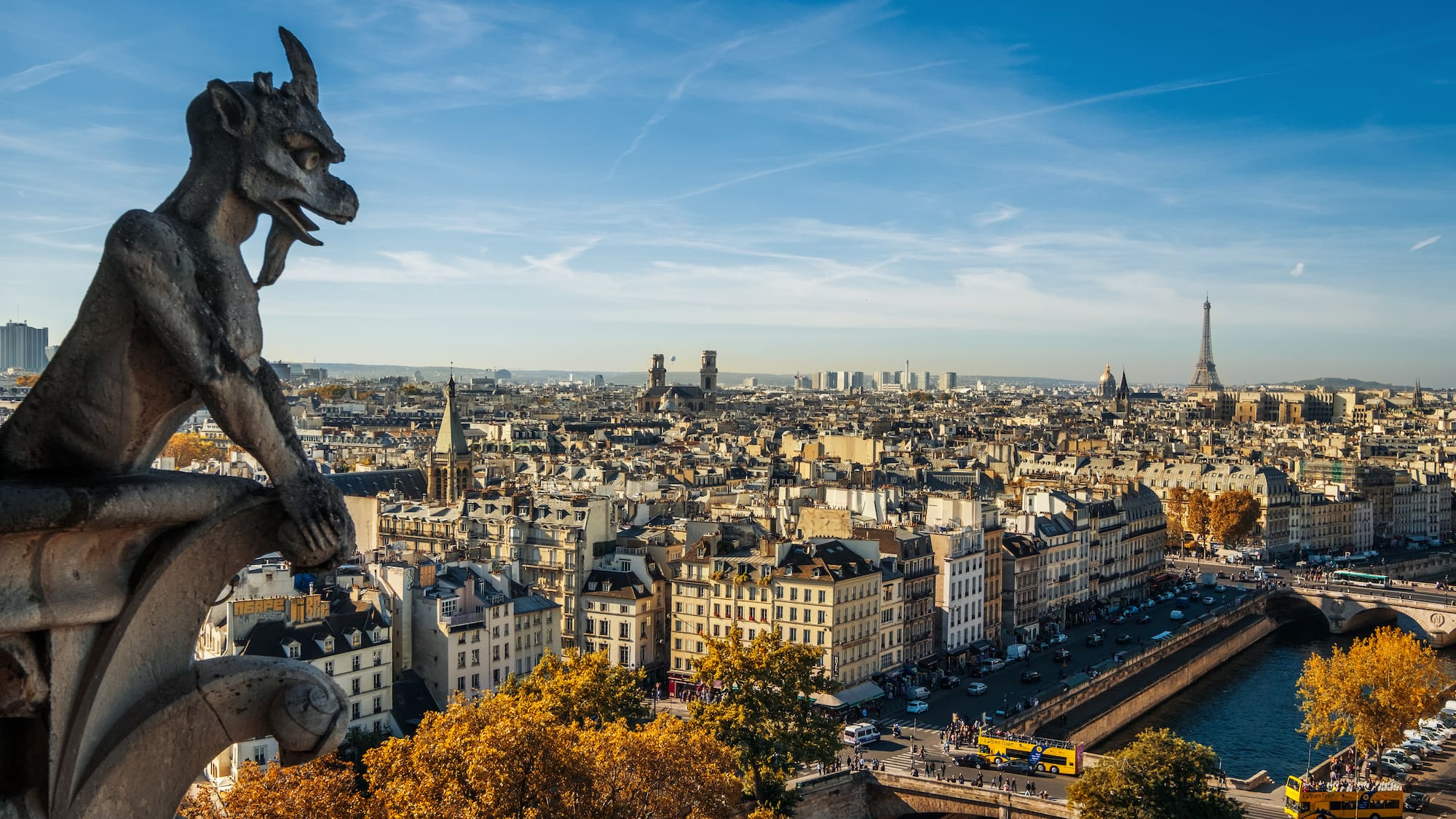 a statue of a gargoyle on a city skyline