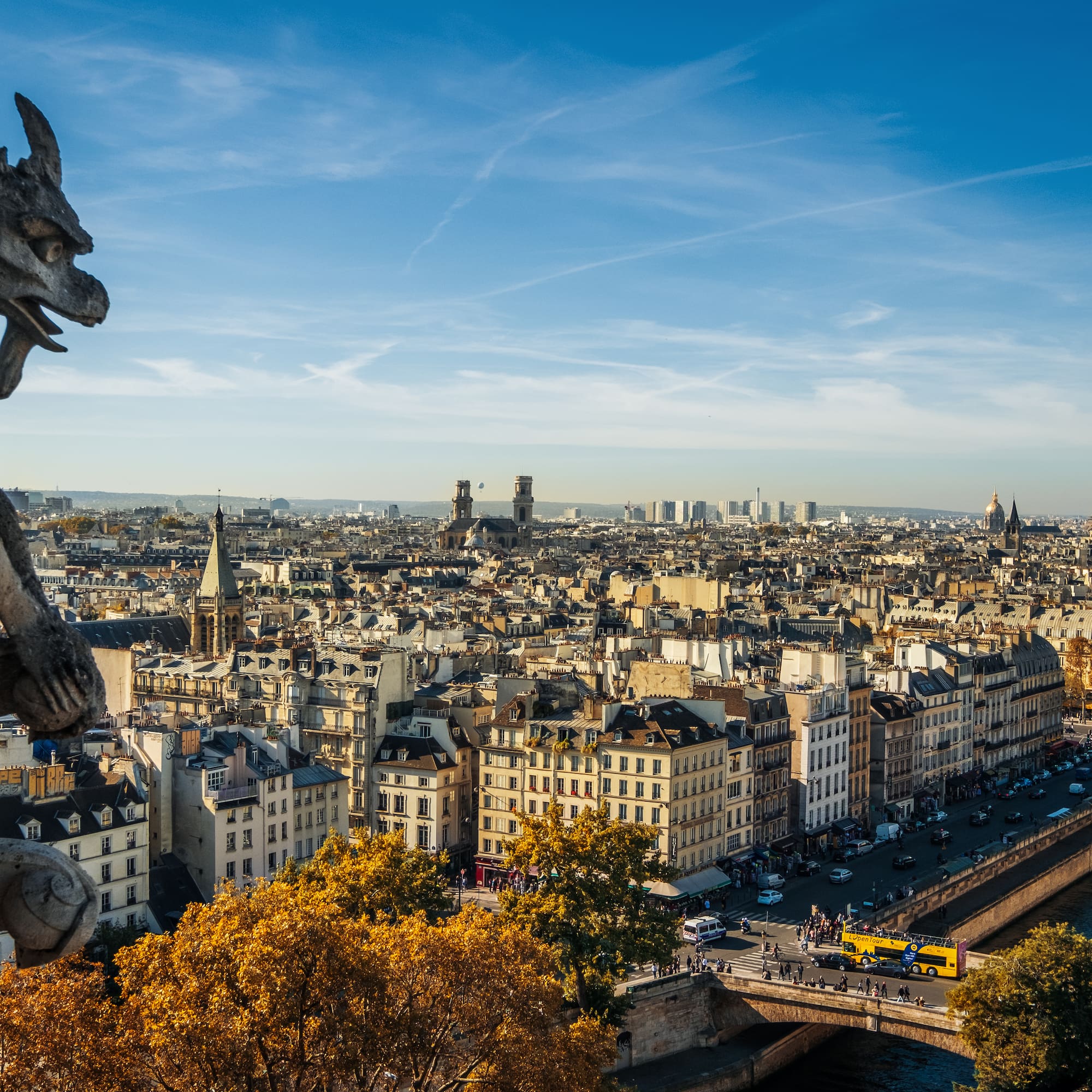 a statue of a gargoyle on a city skyline
