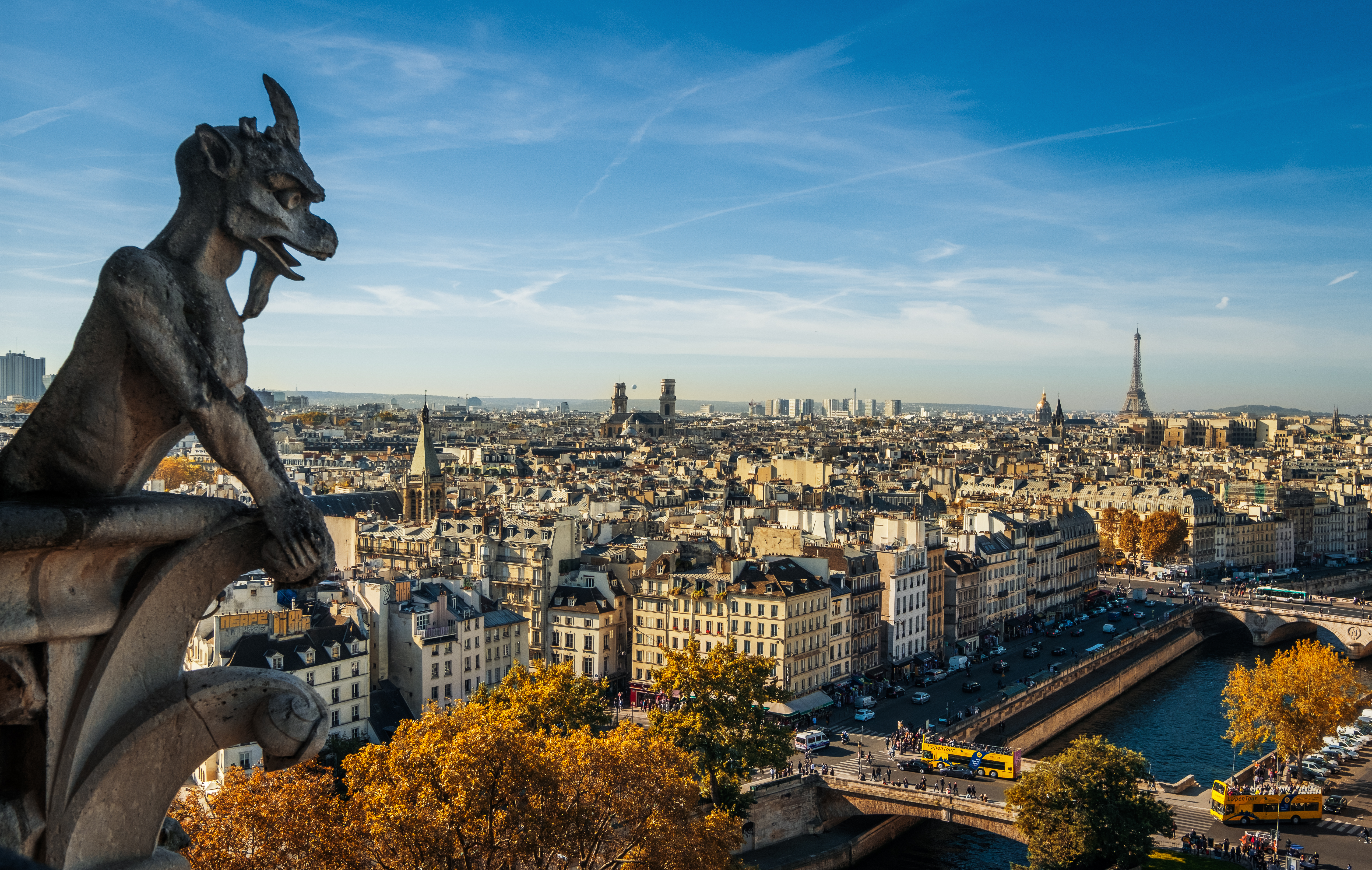 Notre Dame gargoyle overlooking Paris, Eiffel Tower, Seine River, autumn.