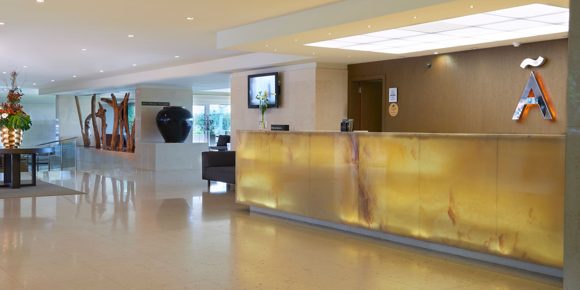 a reception desk in a hotel