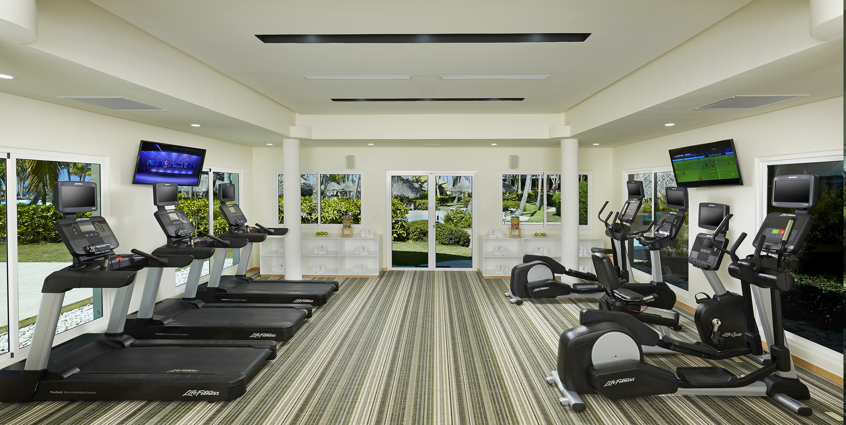 Spacious gym with Life Fitness treadmills, ellipticals, and tropical views.