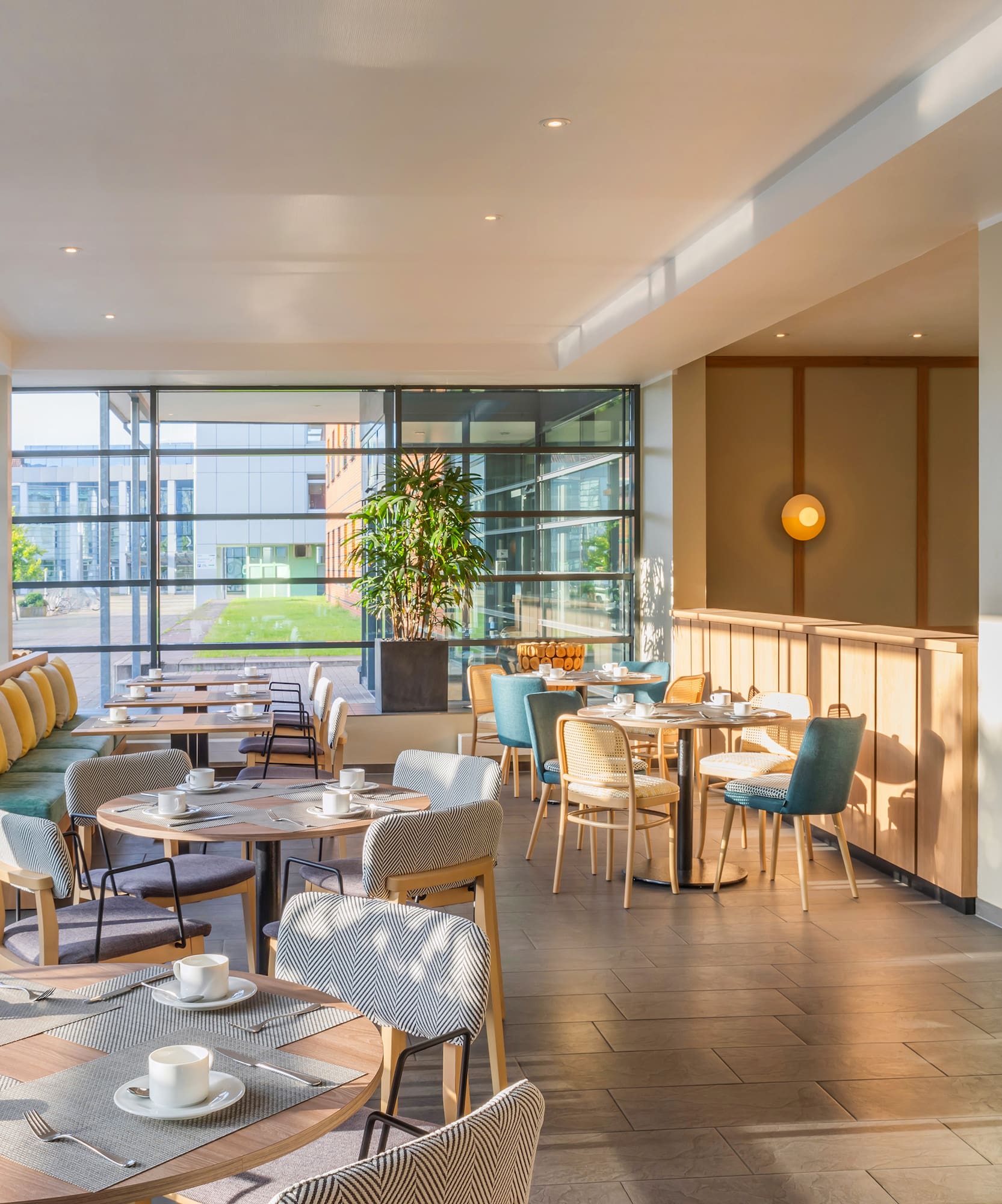 a room with tables and chairs