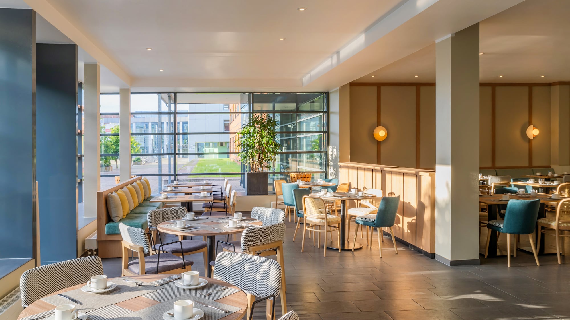 a room with tables and chairs