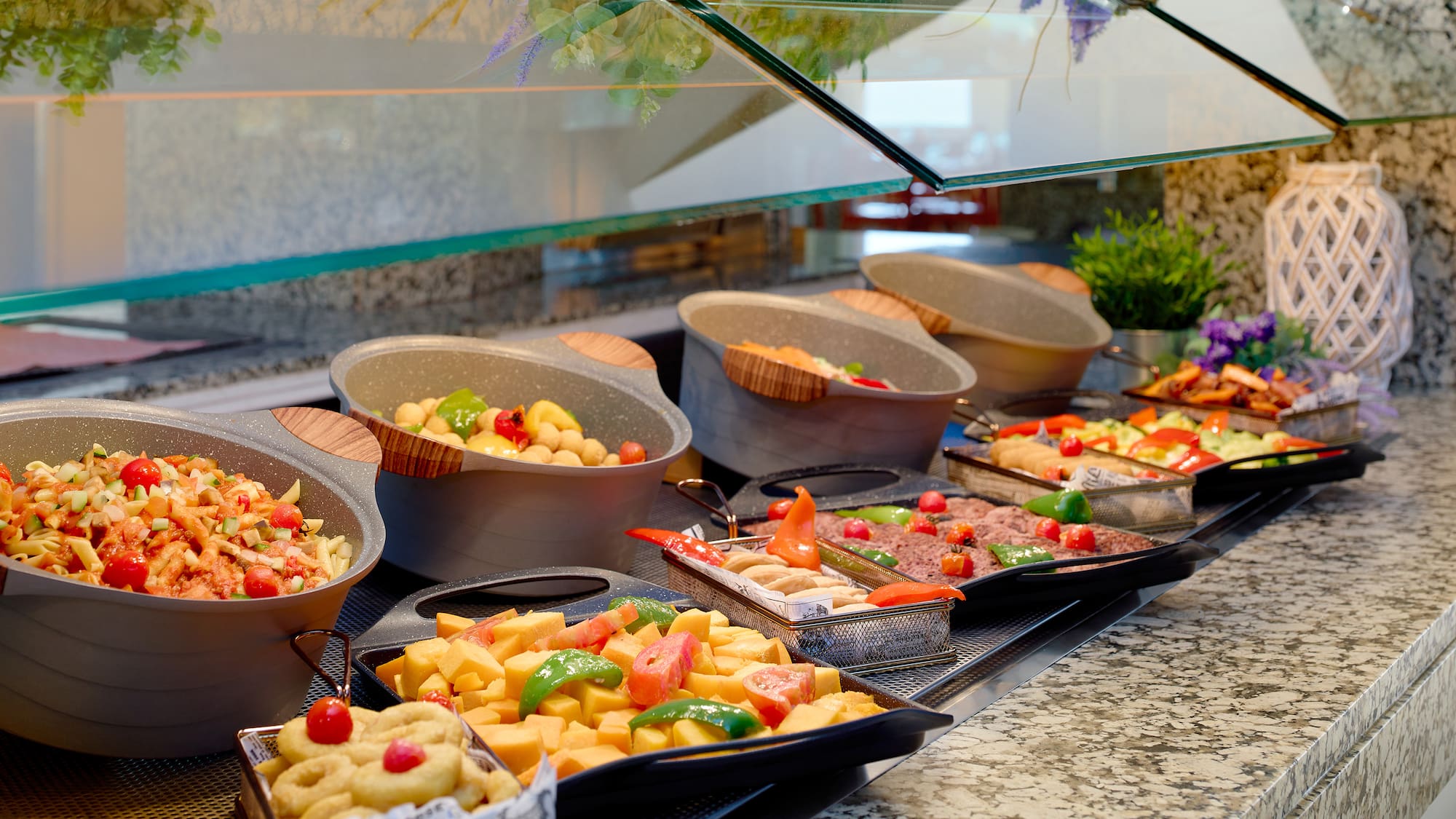 a buffet table full of food