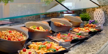 a buffet table full of food