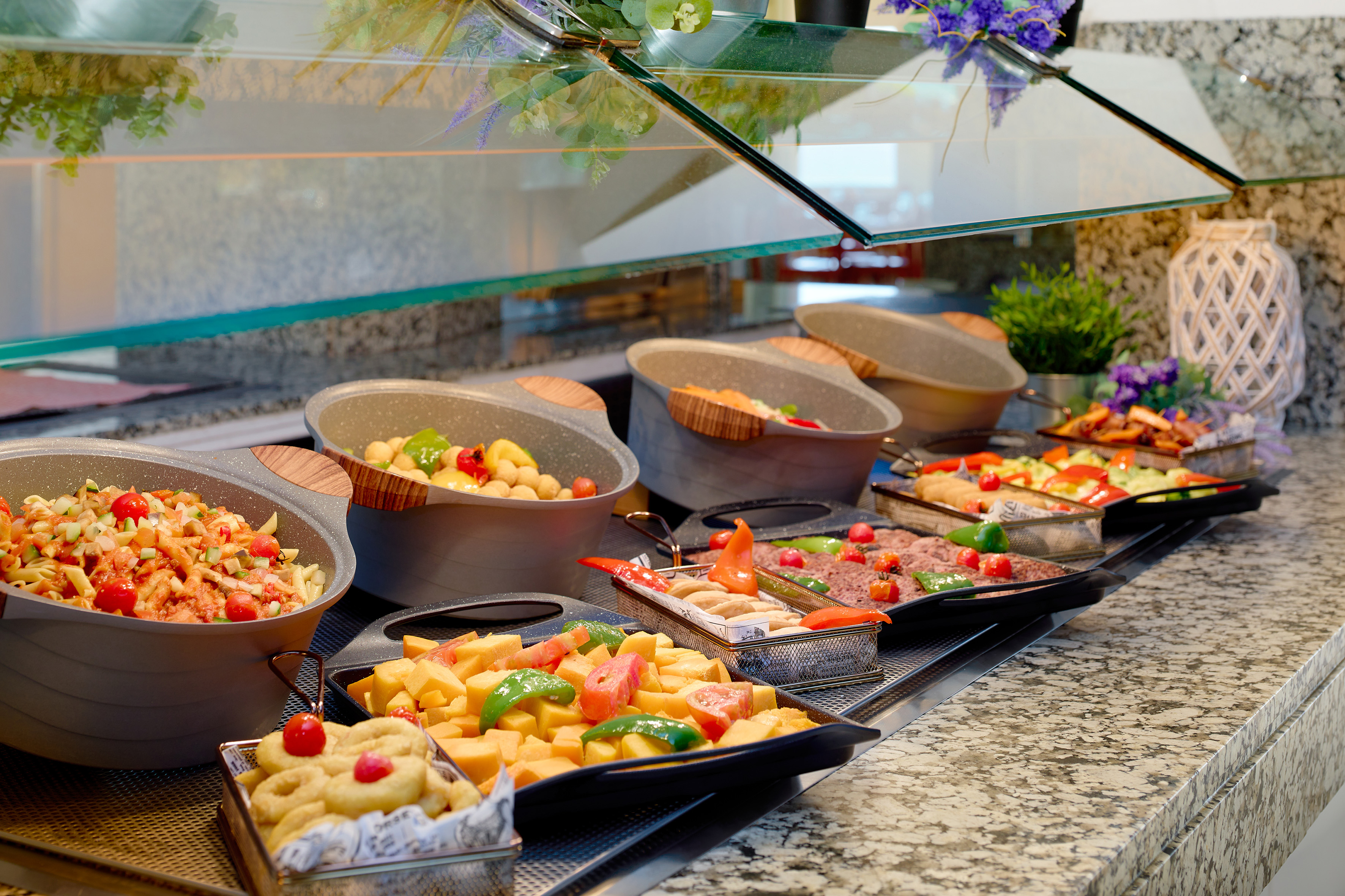 a buffet table full of food