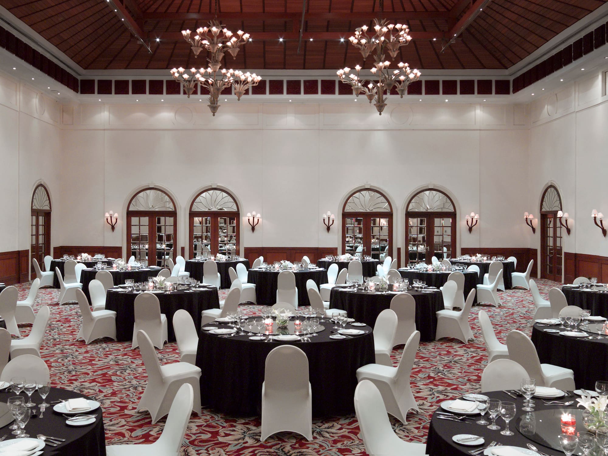 a large room with tables and chairs