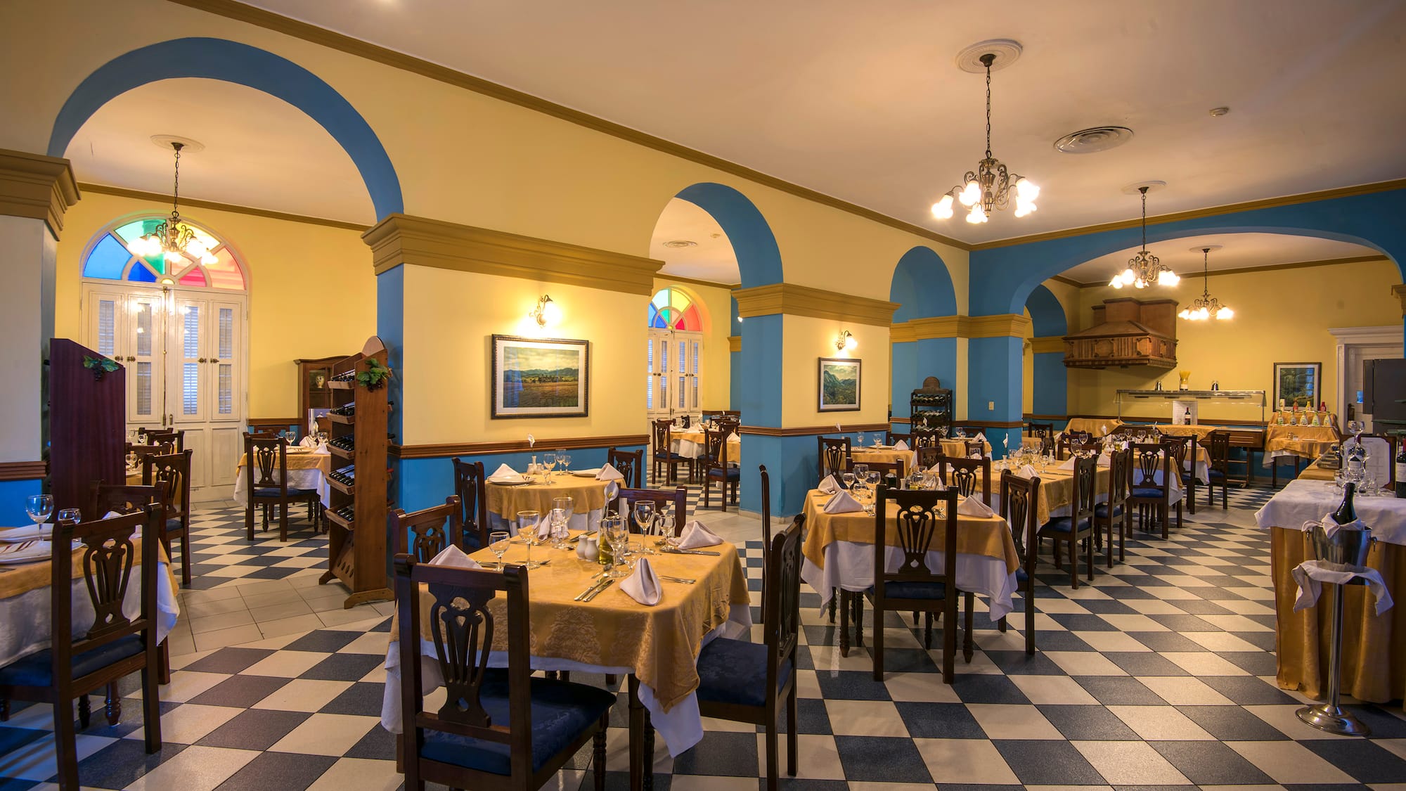 a room with tables and chairs