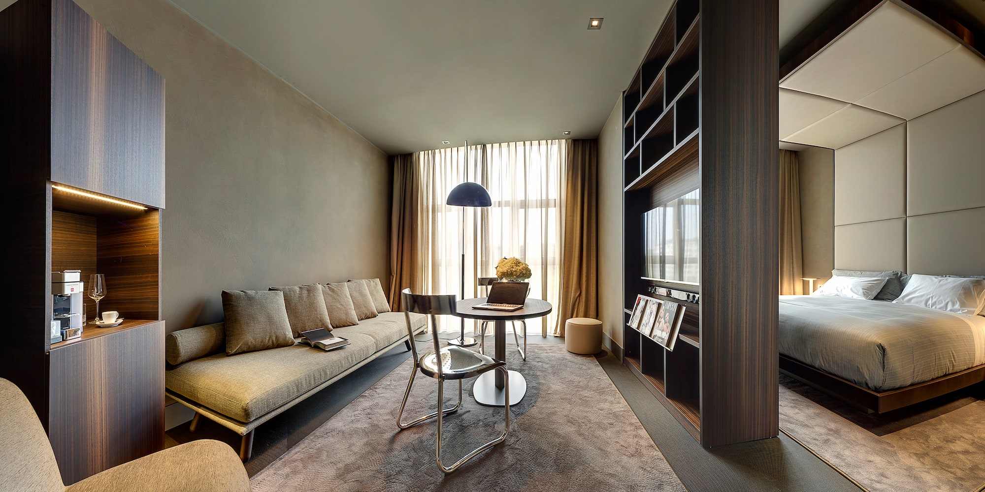 a room with a table and couch