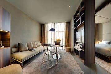 a room with a table and couch